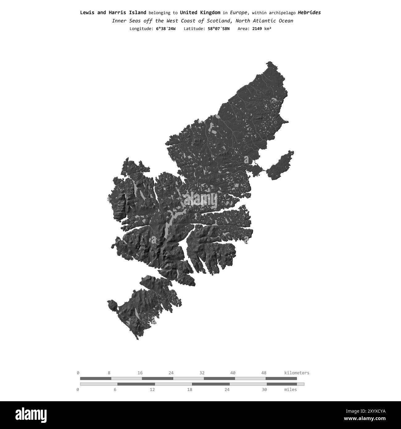 Lewis et Harris Island dans l'océan Atlantique Nord, appartenant au Royaume-Uni, isolé sur une carte d'altitude à deux niveaux, avec échelle de distance Banque D'Images