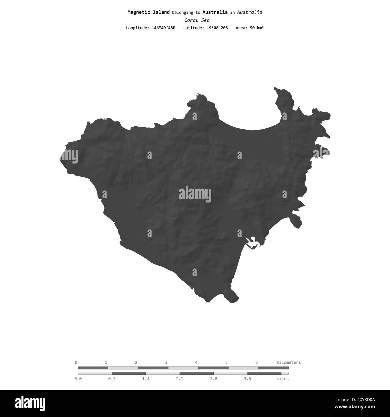 Île magnétique dans la mer de Corail, appartenant à l'Australie, isolée sur une carte d'altitude à deux niveaux, avec échelle de distance Banque D'Images