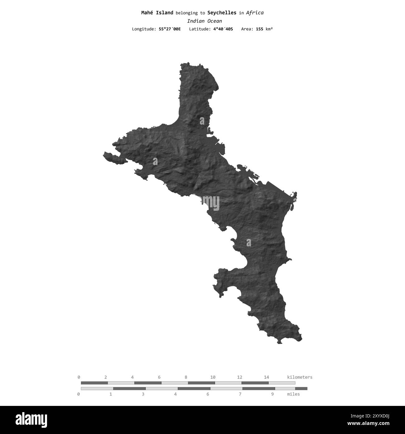Île de Mahé dans l'océan Indien, appartenant aux Seychelles, isolée sur une carte d'altitude à deux niveaux, avec échelle de distance Banque D'Images