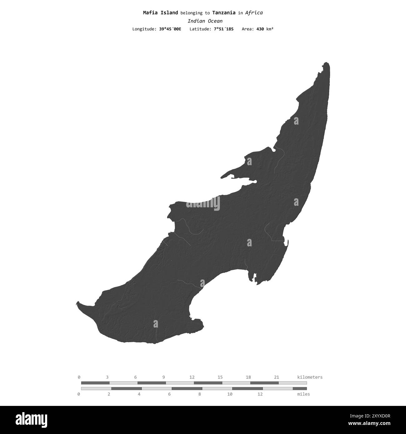 Île de la Mafia dans l'océan Indien, appartenant à la Tanzanie, isolée sur une carte d'altitude à deux niveaux, avec échelle de distance Banque D'Images