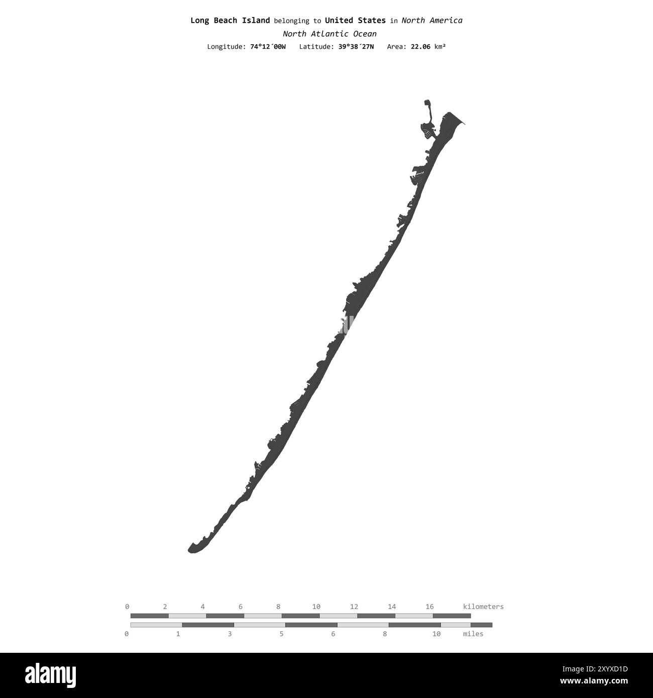 Long Beach Island dans l'océan Atlantique Nord, appartenant aux États-Unis, isolé sur une carte d'altitude à deux niveaux, avec échelle de distance Banque D'Images