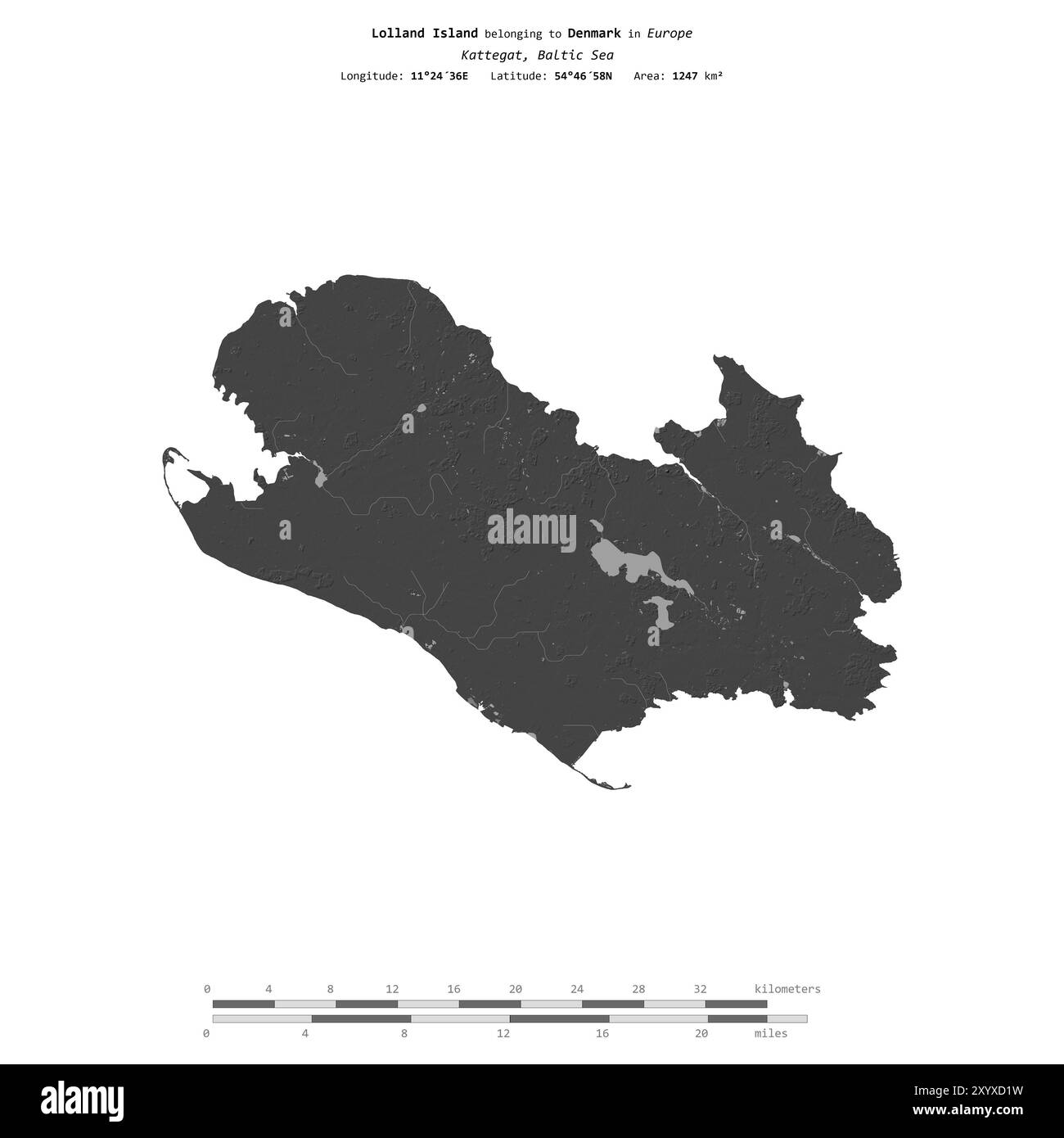Île de Lolland dans le Kattegat, appartenant au Danemark, isolée sur une carte d'altitude à deux niveaux, avec échelle de distance Banque D'Images