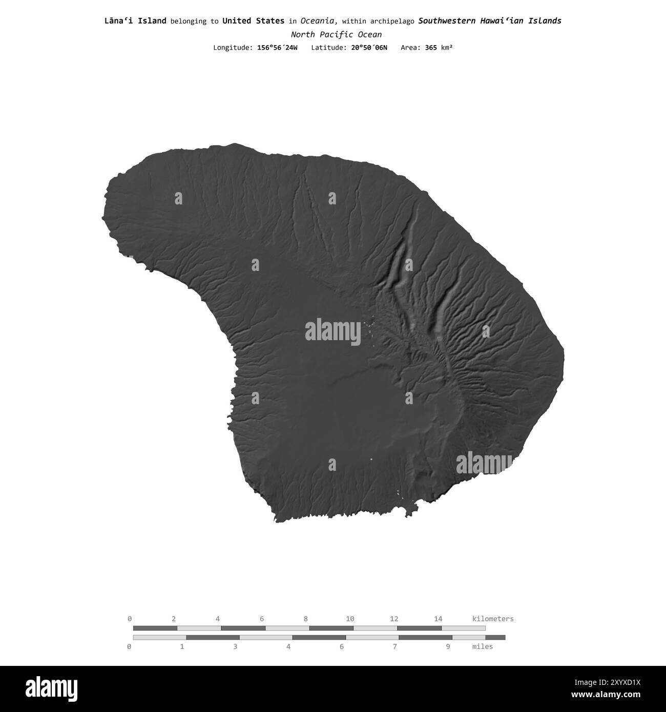 Lanai Island dans l'océan Pacifique Nord, appartenant aux États-Unis, isolé sur une carte d'altitude à deux niveaux, avec échelle de distance Banque D'Images
