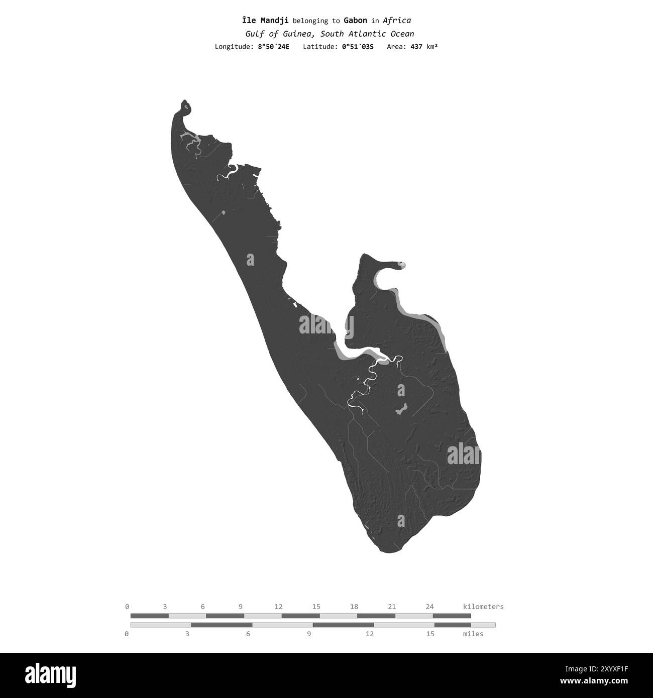 Ile Mandji dans le golfe de Guinée, appartenant au Gabon, isolée sur une carte d'altitude à deux niveaux, avec échelle de distance Banque D'Images
