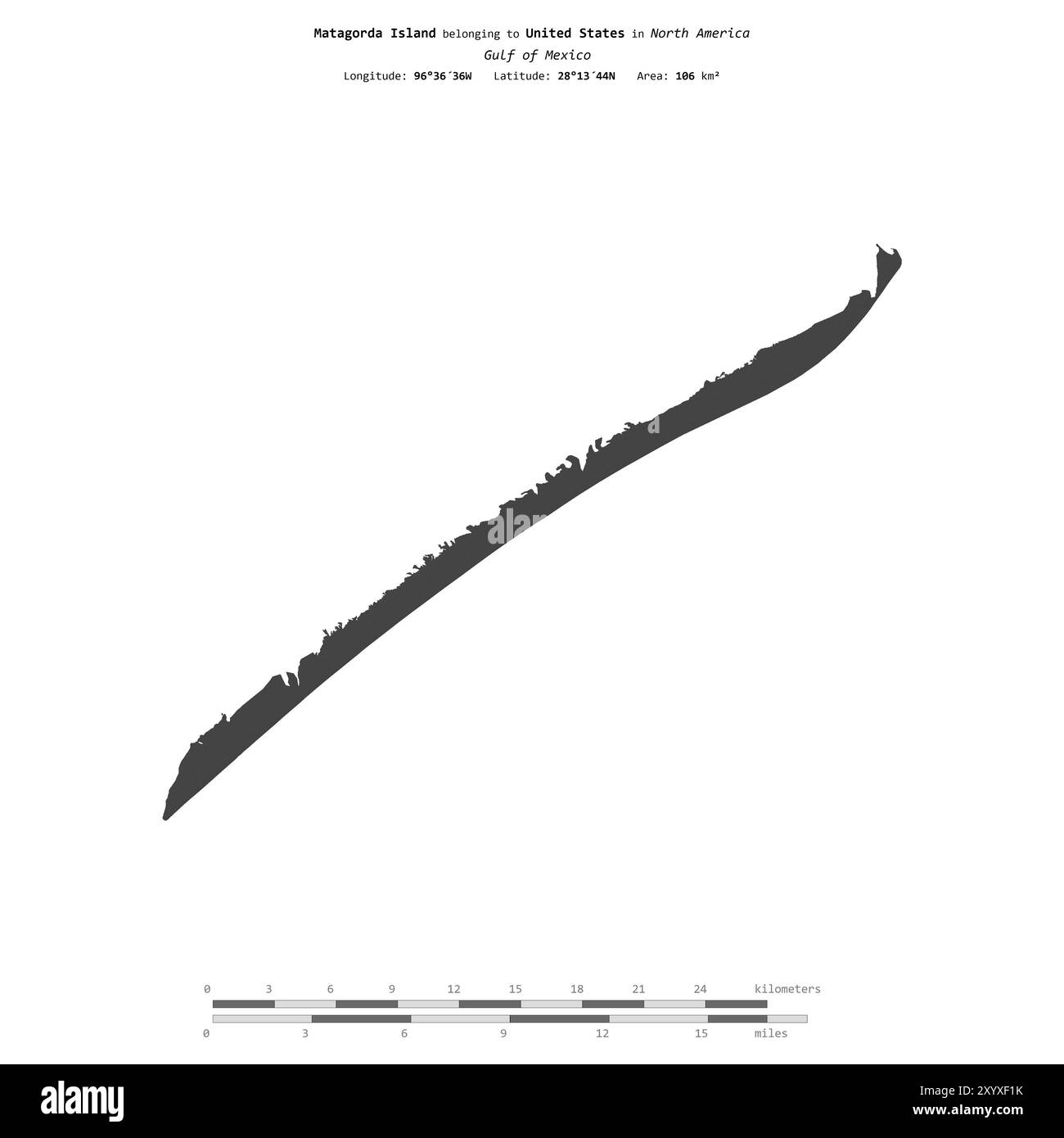 Île Matagorda dans le golfe du Mexique, appartenant aux États-Unis, isolée sur une carte d'altitude à deux niveaux, avec échelle de distance Banque D'Images