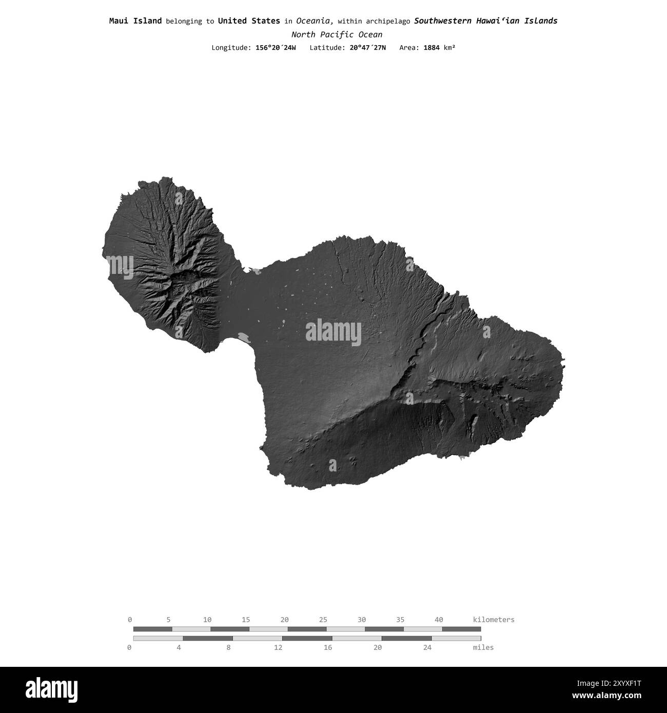 Île de Maui dans l'océan Pacifique Nord, appartenant aux États-Unis, isolée sur une carte d'altitude à deux niveaux, avec échelle de distance Banque D'Images