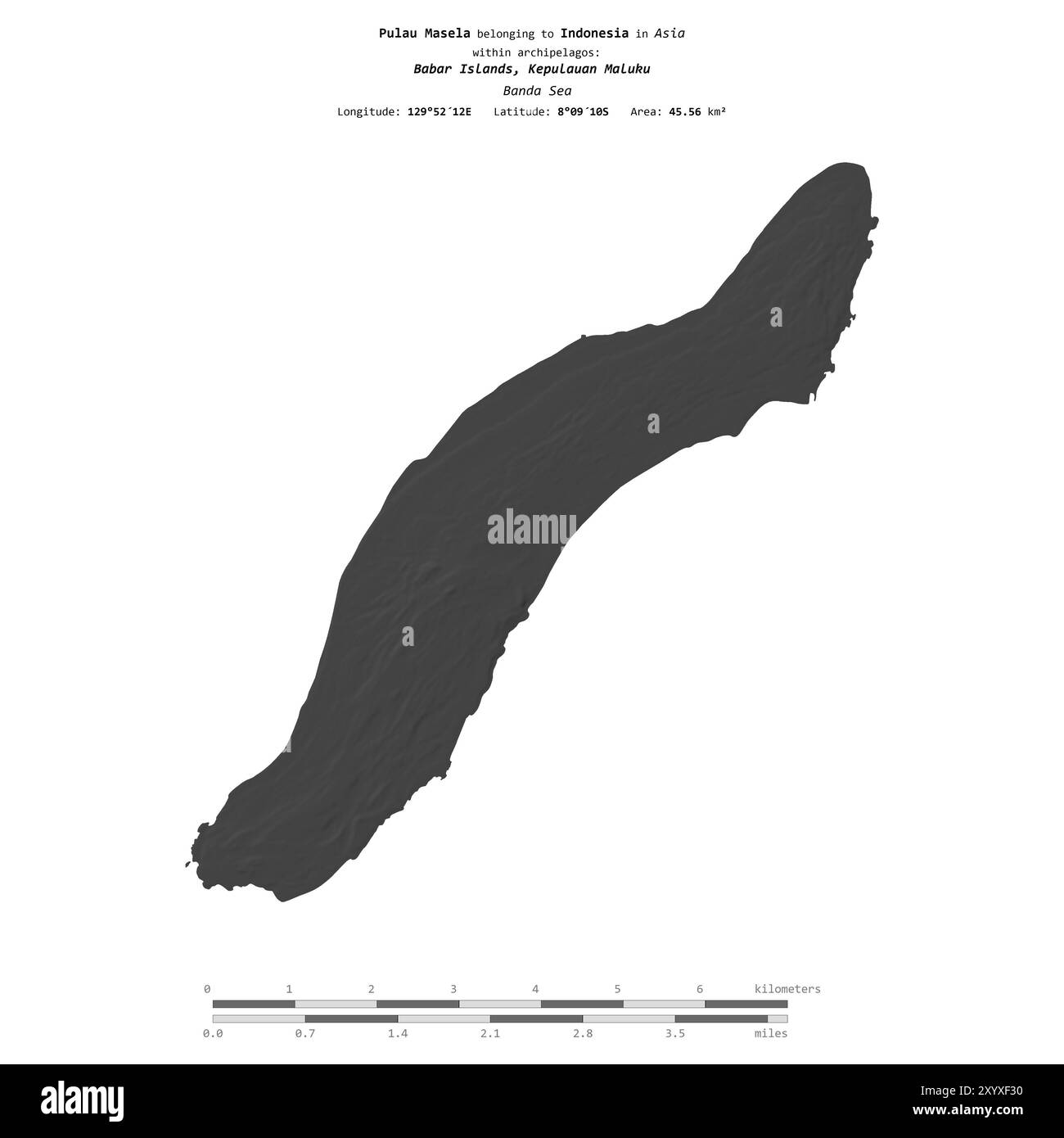 Pulau Masela dans la mer de Banda, appartenant à l'Indonésie, isolé sur une carte d'altitude à deux niveaux, avec échelle de distance Banque D'Images
