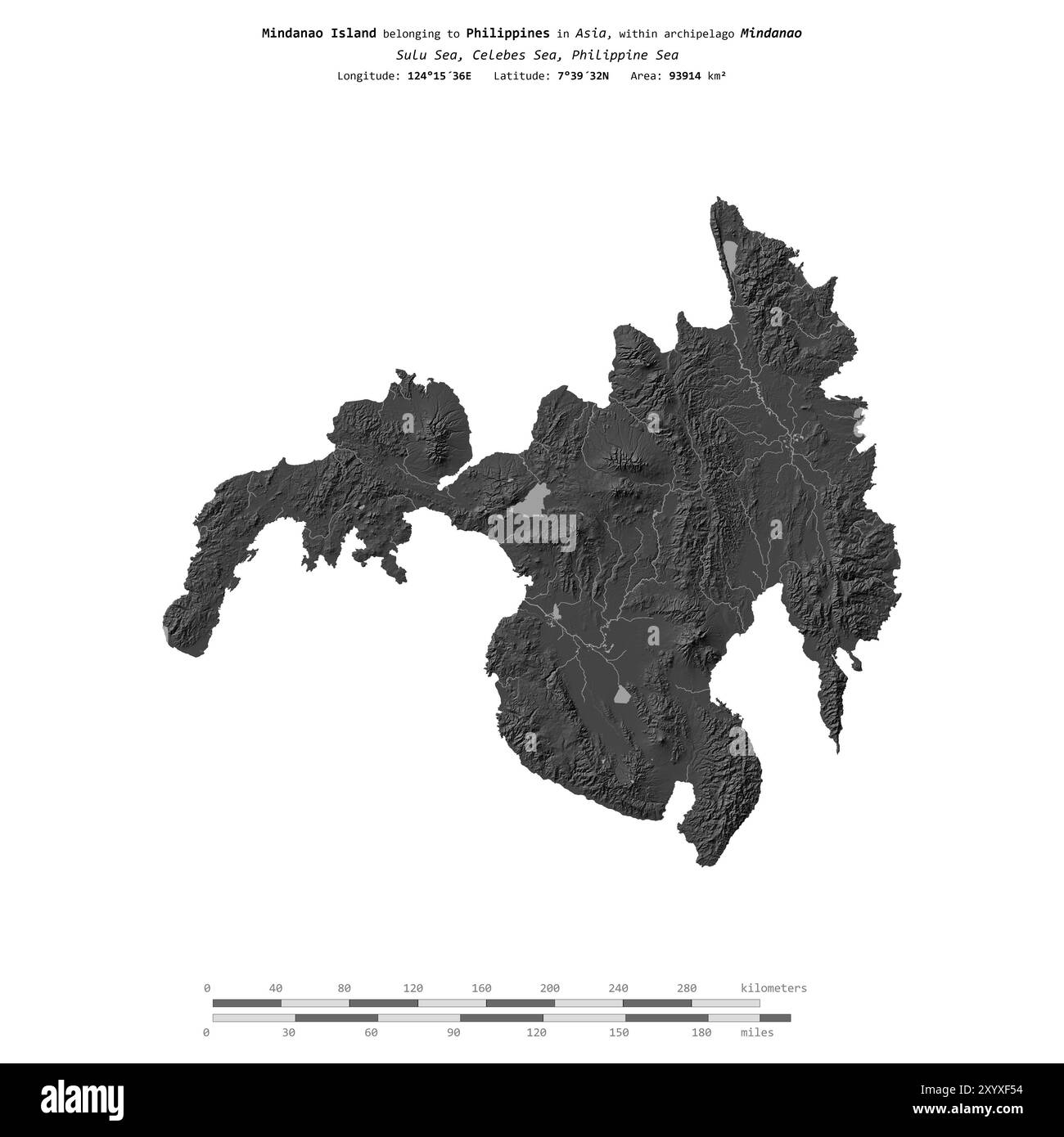 Île de Mindanao dans la mer de Sulu, appartenant aux Philippines, isolée sur une carte d'altitude à deux niveaux, avec échelle de distance Banque D'Images