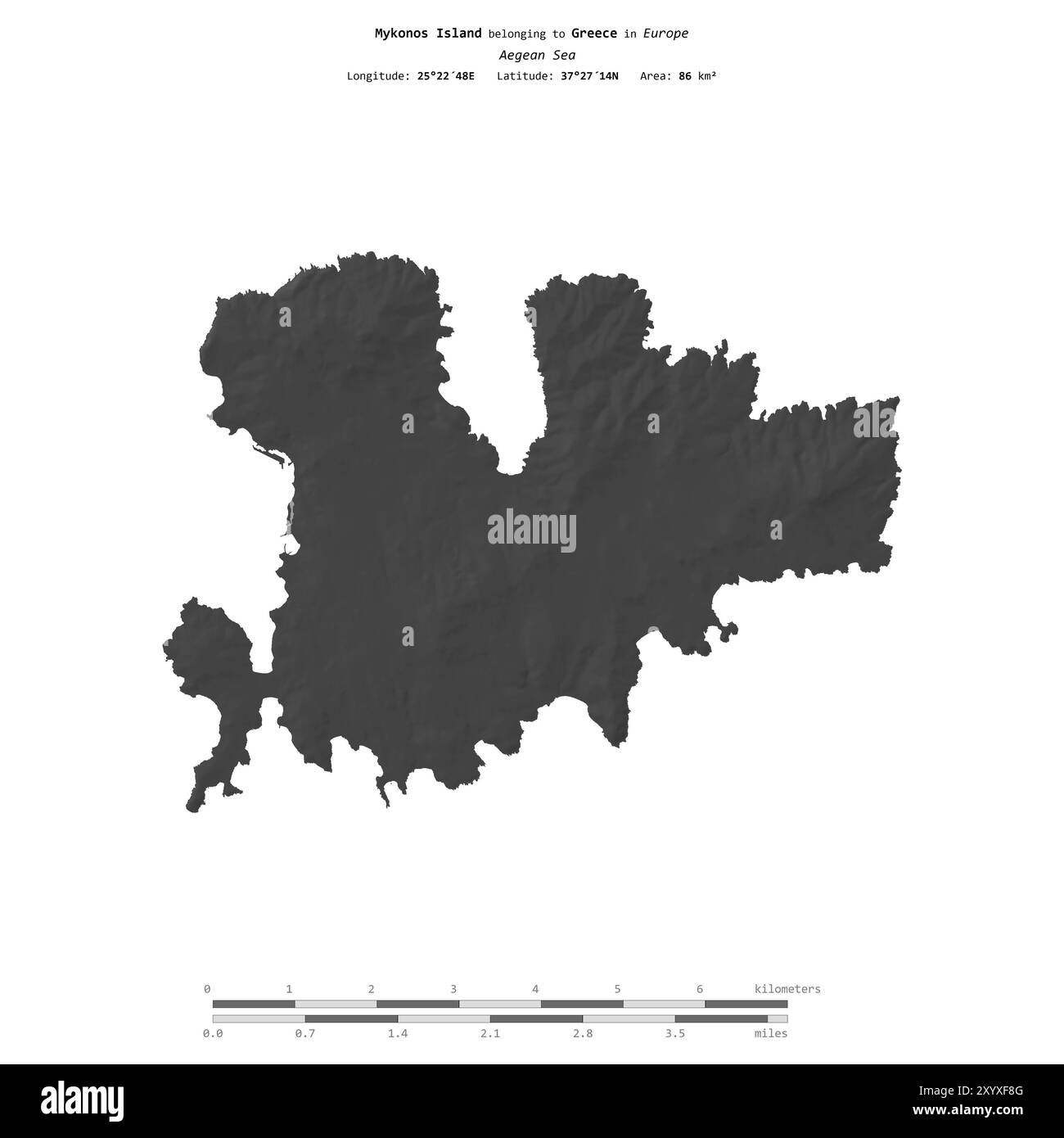 Île de Mykonos dans la mer Égée, appartenant à la Grèce, isolée sur une carte d'altitude à deux niveaux, avec échelle de distance Banque D'Images