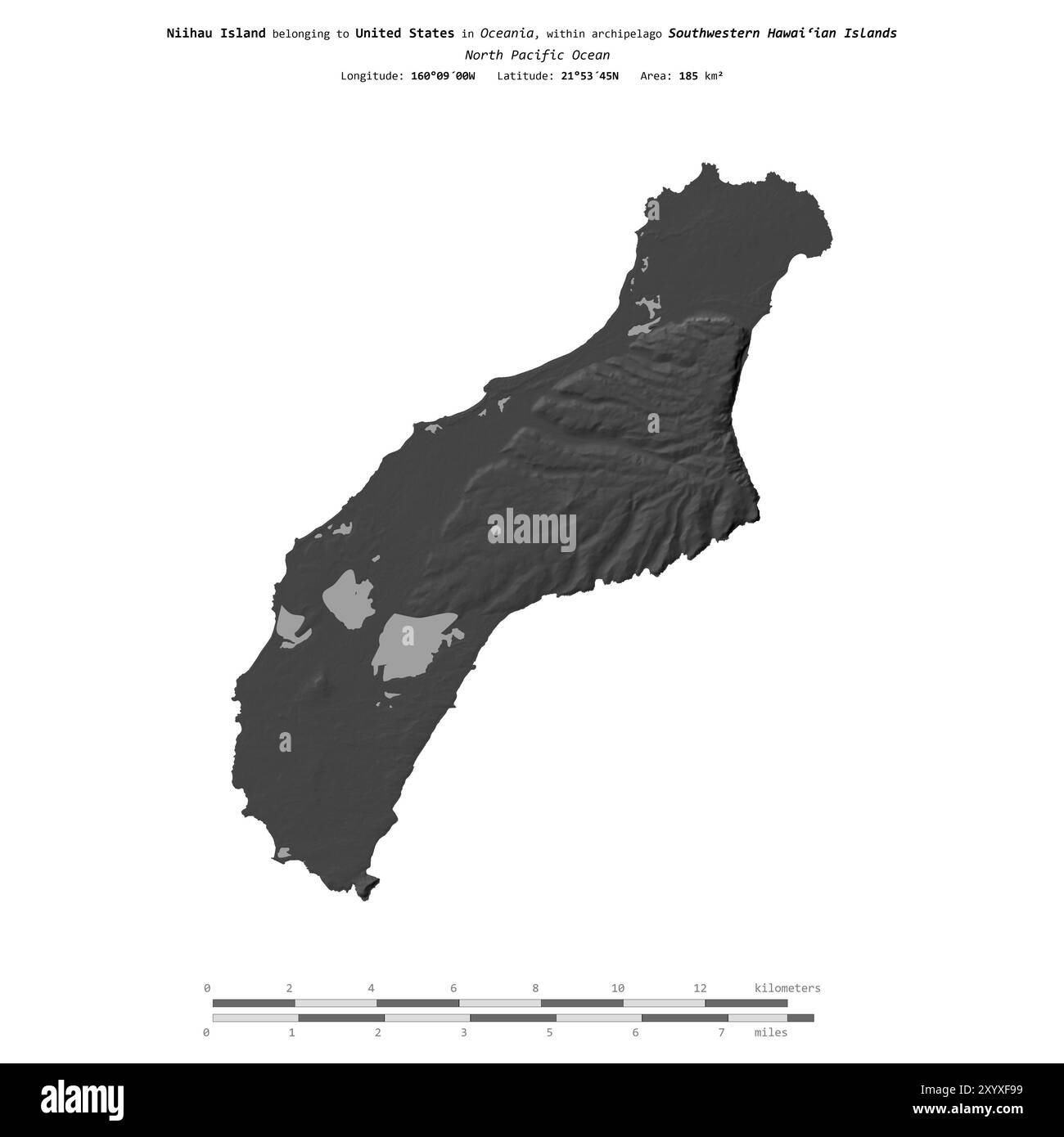 Île Niihau dans l'océan Pacifique Nord, appartenant aux États-Unis, isolée sur une carte d'altitude à deux niveaux, avec échelle de distance Banque D'Images