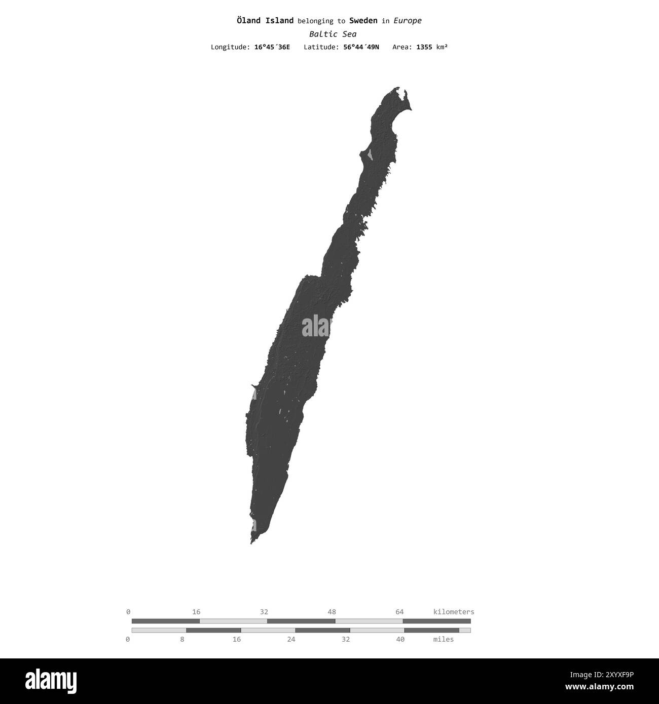 Île d'Oland dans la mer Baltique, appartenant à la Suède, isolée sur une carte d'altitude à deux niveaux, avec échelle de distance Banque D'Images