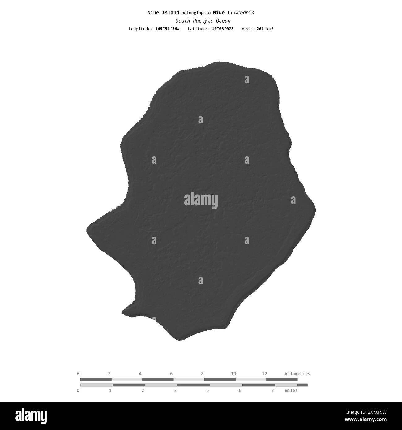 Île de Niue dans l'océan Pacifique Sud, appartenant à Niue, isolée sur une carte d'altitude à deux niveaux, avec échelle de distance Banque D'Images