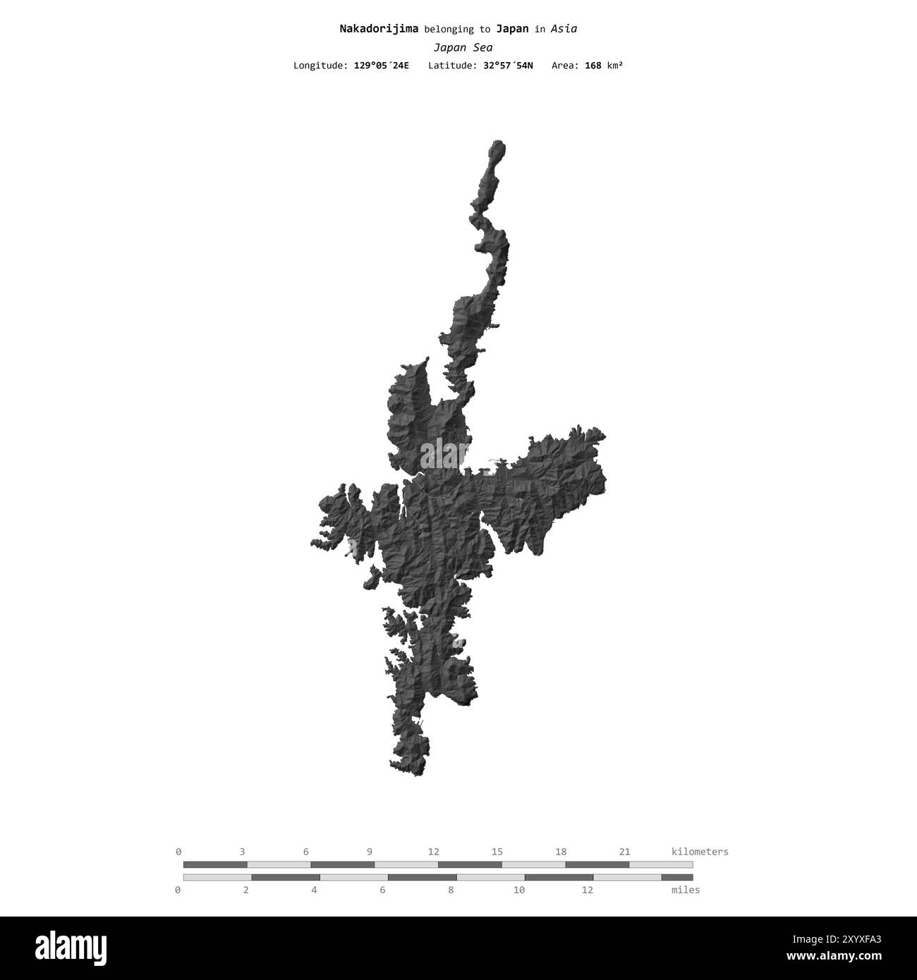 Nakadorijima dans la mer du Japon, appartenant au Japon, isolé sur une carte d'altitude à deux niveaux, avec échelle de distance Banque D'Images