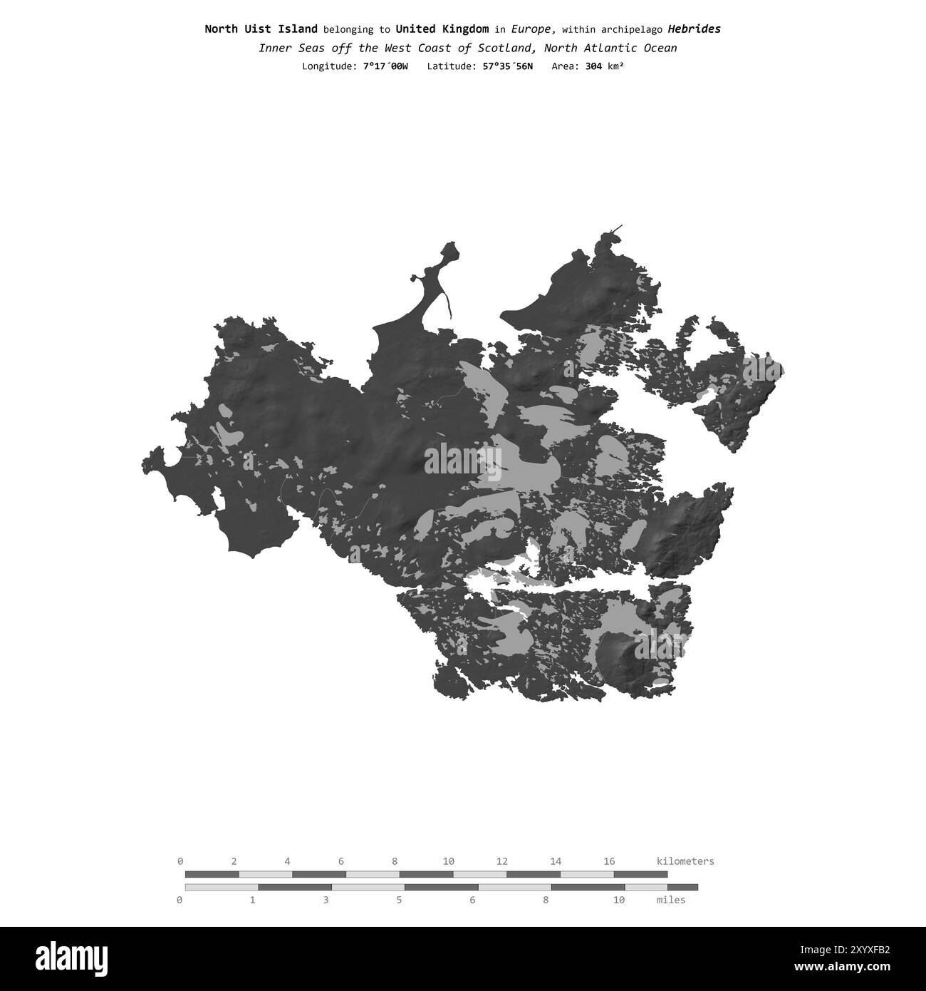 North Uist Island dans l'océan Atlantique Nord, appartenant au Royaume-Uni, isolé sur une carte d'altitude à deux niveaux, avec échelle de distance Banque D'Images