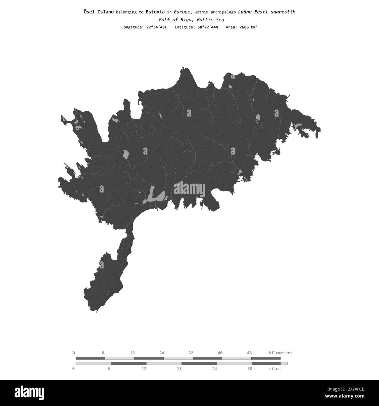 Île d'Osel dans la mer Baltique, appartenant à l'Estonie, isolée sur une carte d'altitude à deux niveaux, avec échelle de distance Banque D'Images