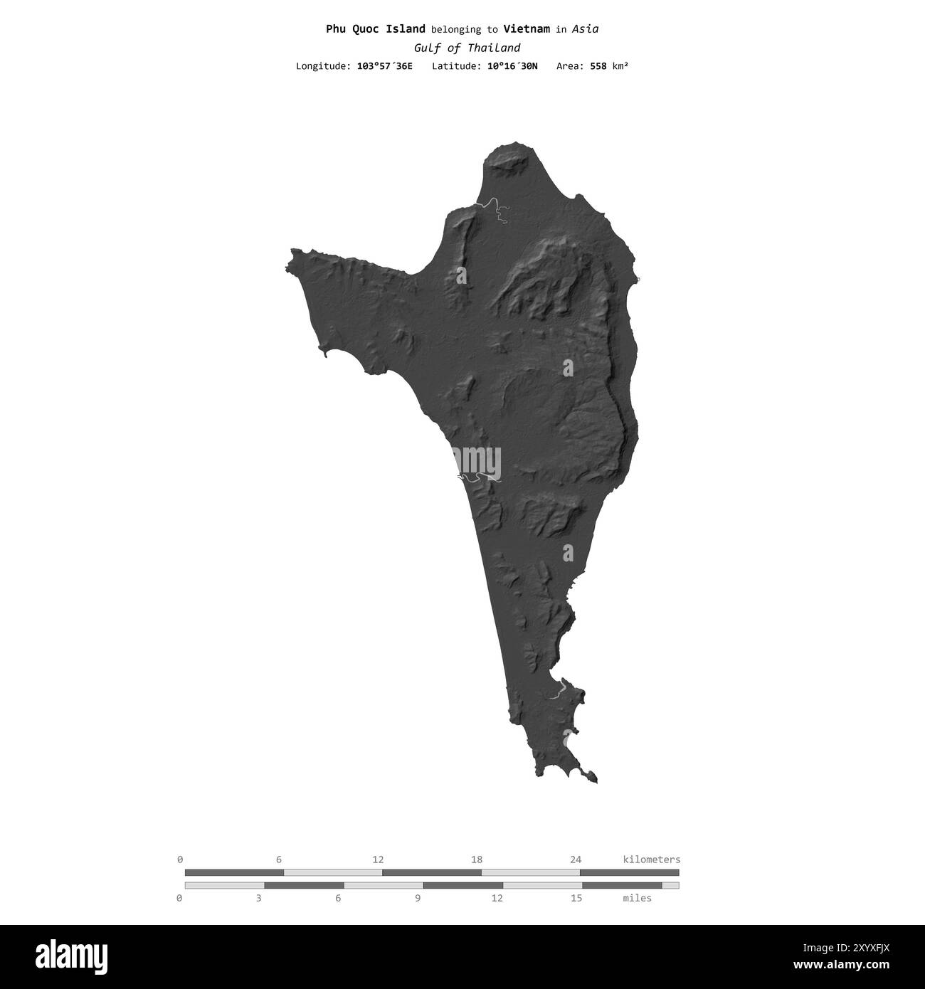 Île de Phu Quoc dans le golfe de Thaïlande, appartenant au Vietnam, isolée sur une carte d'altitude à deux niveaux, avec échelle de distance Banque D'Images