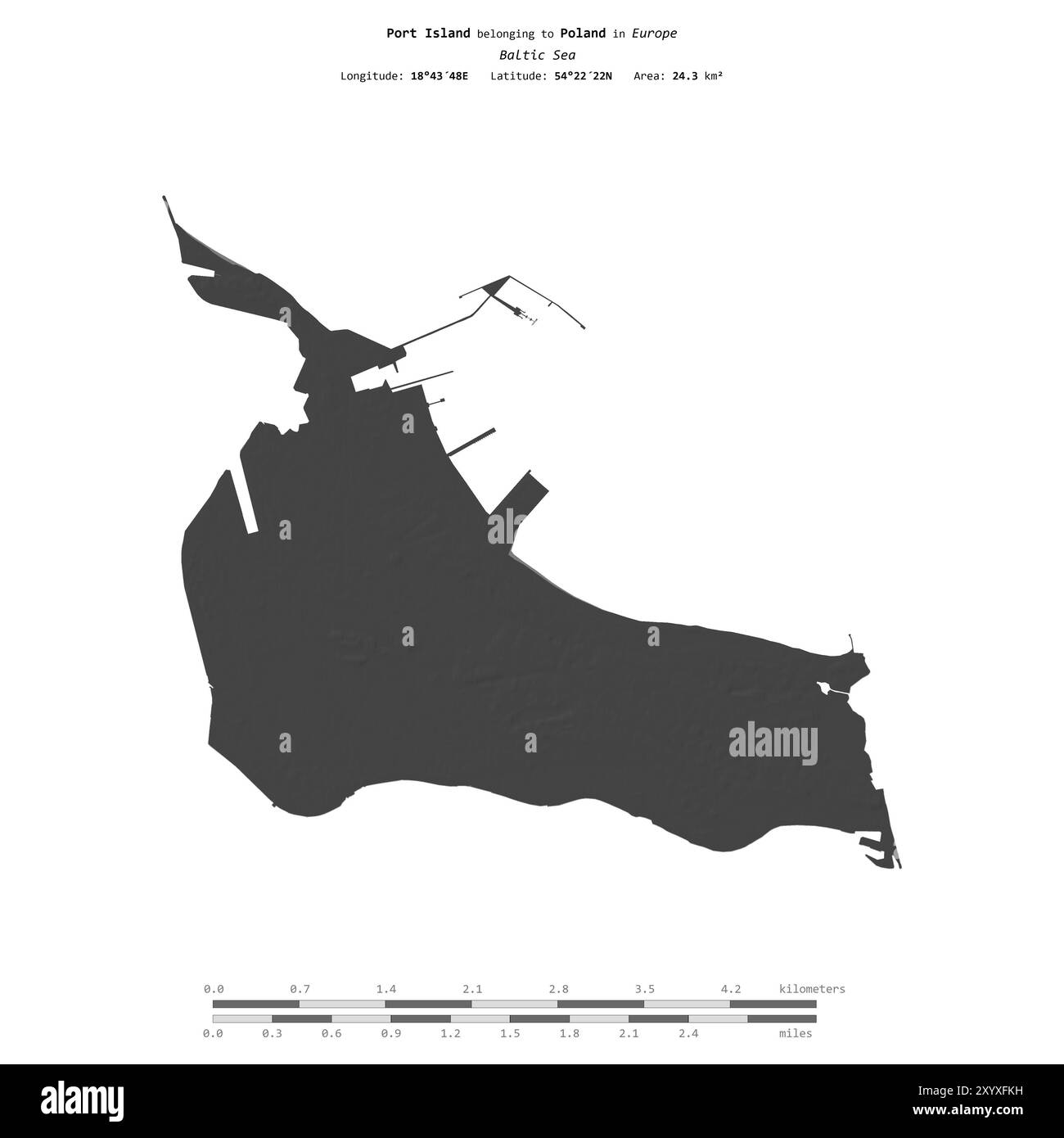 Port Island dans la mer Baltique, appartenant à la Pologne, isolé sur une carte d'altitude à deux niveaux, avec échelle de distance Banque D'Images