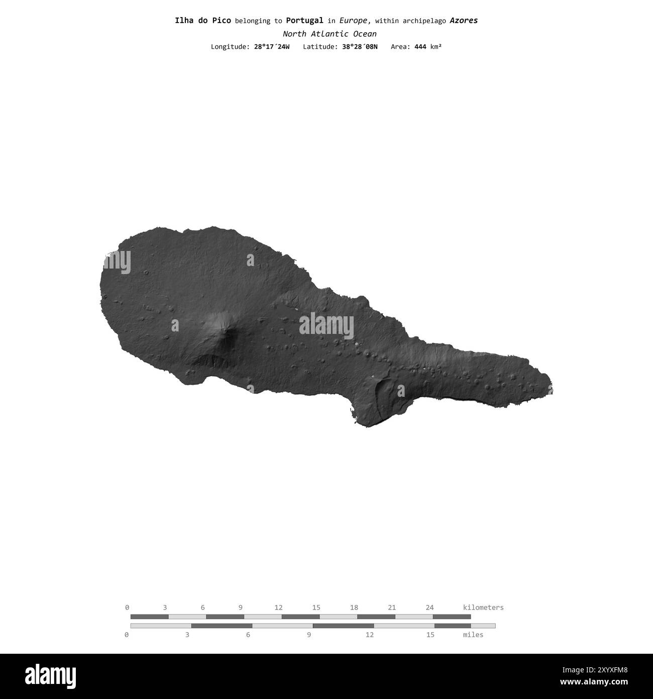 Ilha do Pico dans l'océan Atlantique Nord, appartenant au Portugal, isolé sur une carte d'altitude à deux niveaux, avec échelle de distance Banque D'Images