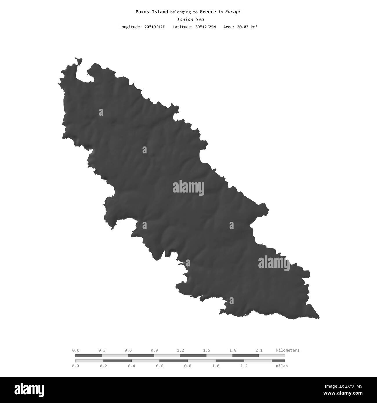 Île de Paxos dans la mer Ionienne, appartenant à la Grèce, isolée sur une carte d'altitude à deux niveaux, avec échelle de distance Banque D'Images