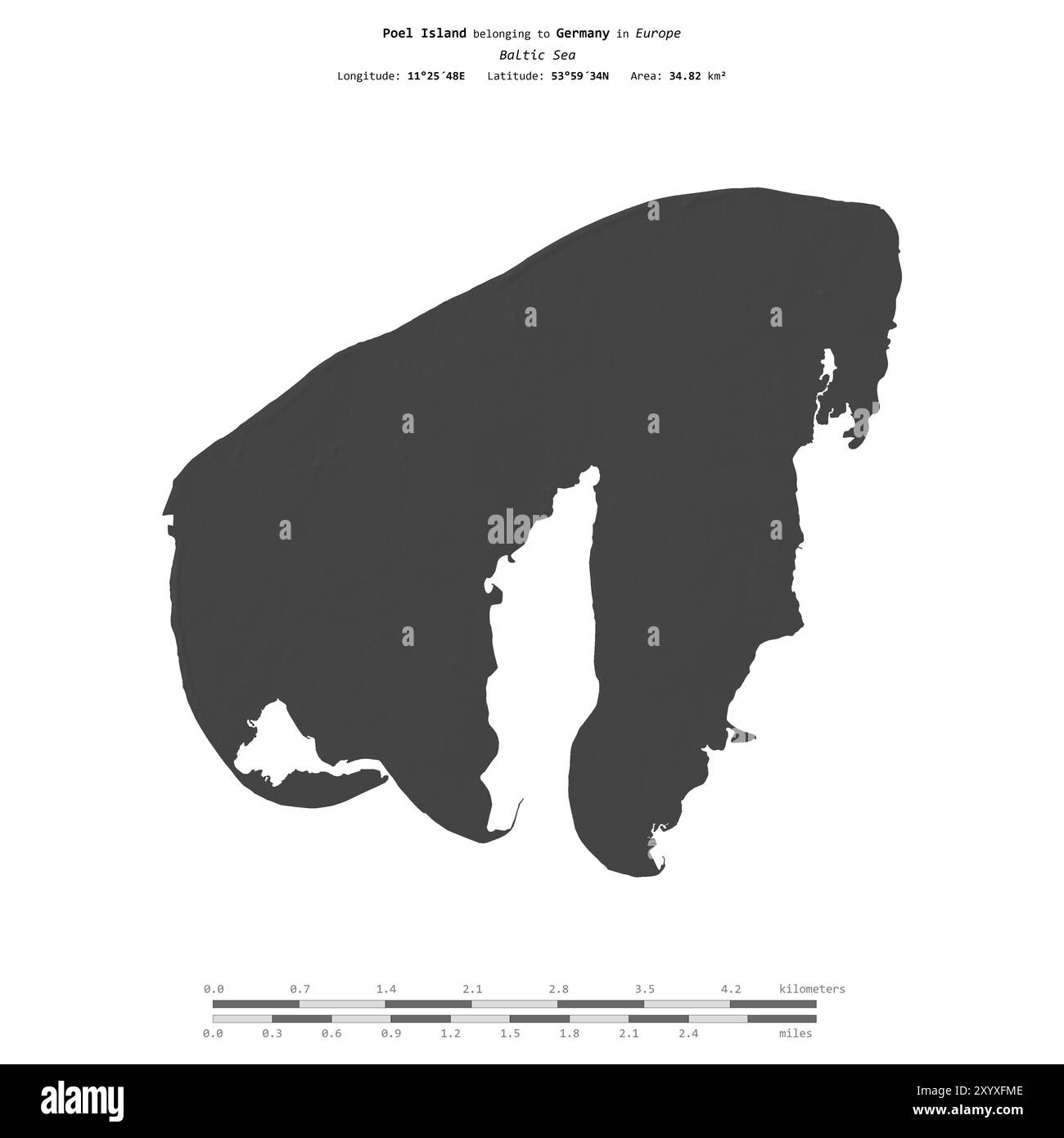Île de Poel dans la mer Baltique, appartenant à l'Allemagne, isolée sur une carte d'altitude à deux niveaux, avec échelle de distance Banque D'Images