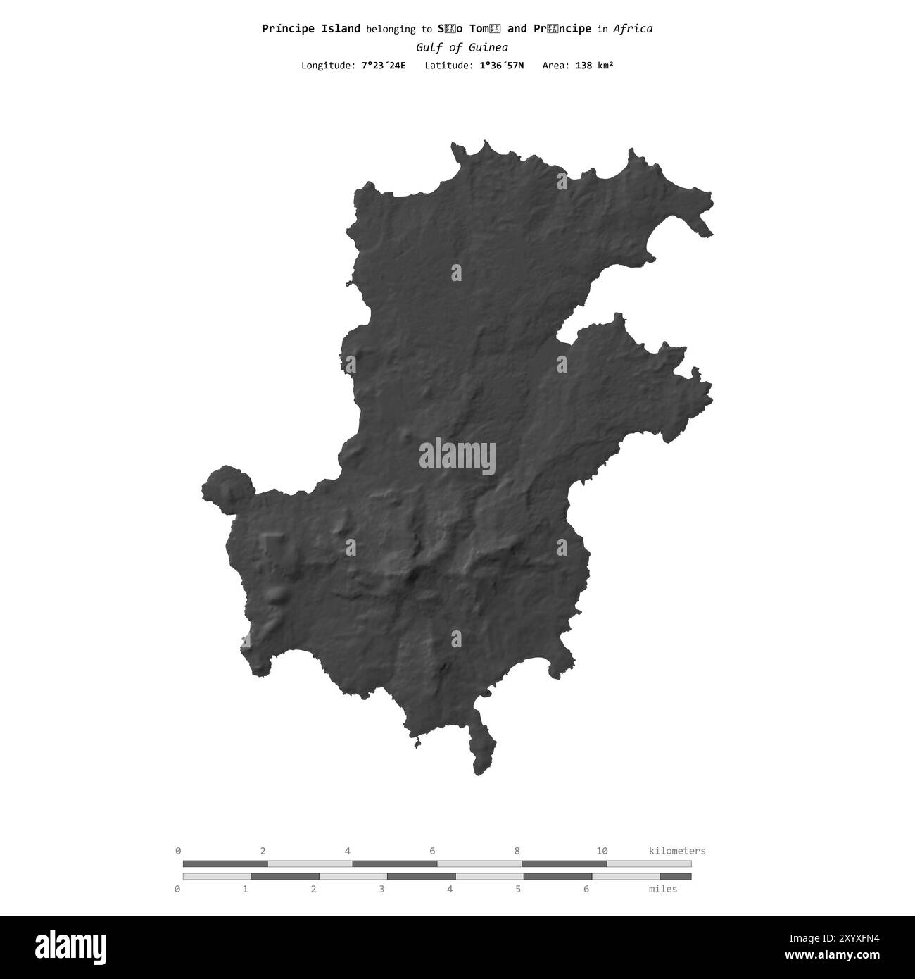 Île de principe dans le golfe de Guinée, appartenant à Sao Tomé-et-principe, isolée sur une carte d'altitude à deux niveaux, avec échelle de distance Banque D'Images