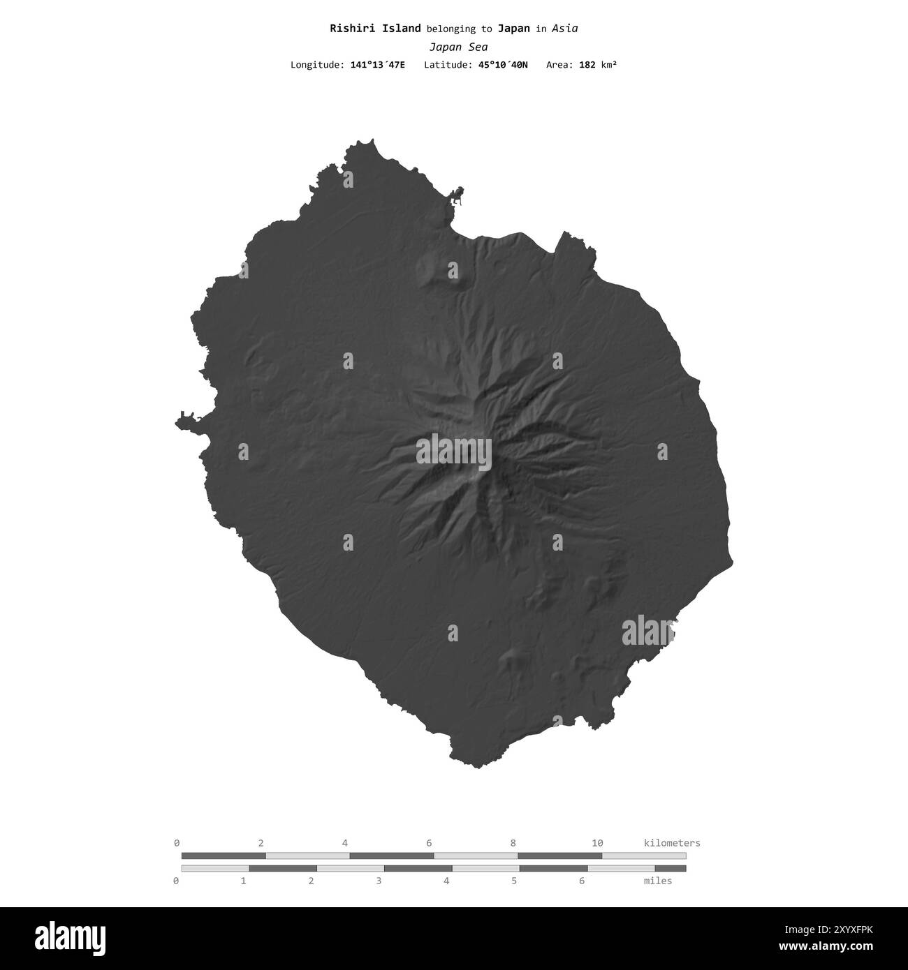 Île de Rishiri dans la mer du Japon, appartenant au Japon, isolée sur une carte d'altitude à deux niveaux, avec échelle de distance Banque D'Images