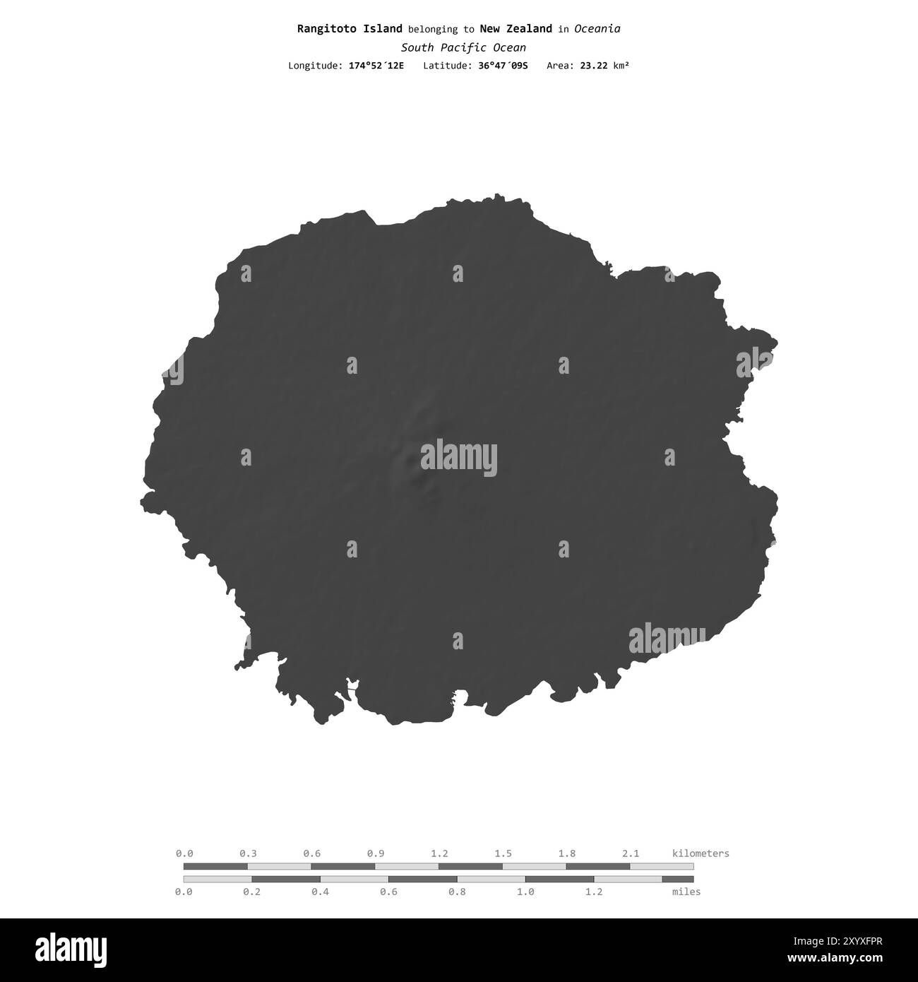 Île de Rangitoto dans l'océan Pacifique Sud, appartenant à la Nouvelle-Zélande, isolée sur une carte d'altitude à deux niveaux, avec échelle de distance Banque D'Images