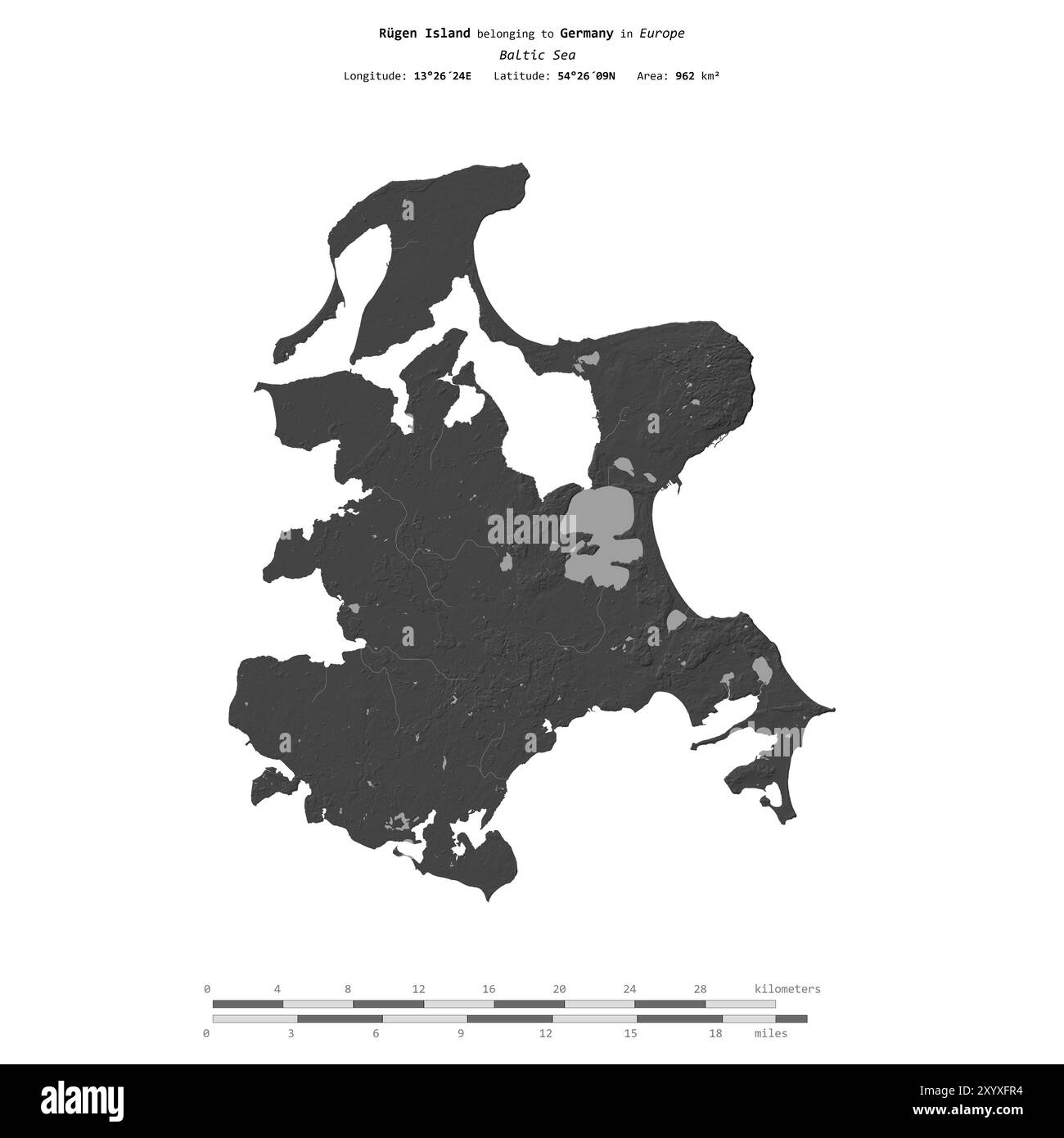 Île de Rugen dans la mer Baltique, appartenant à l'Allemagne, isolée sur une carte d'altitude à deux niveaux, avec échelle de distance Banque D'Images