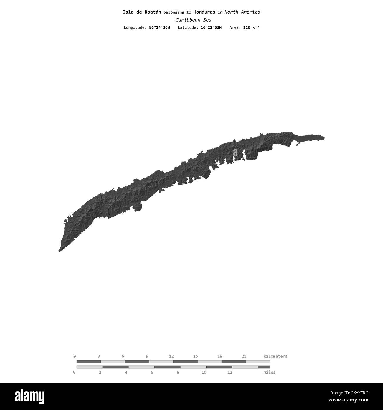 Isla de Roatan dans la mer des Caraïbes, appartenant au Honduras, isolé sur une carte d'altitude à deux niveaux, avec échelle de distance Banque D'Images