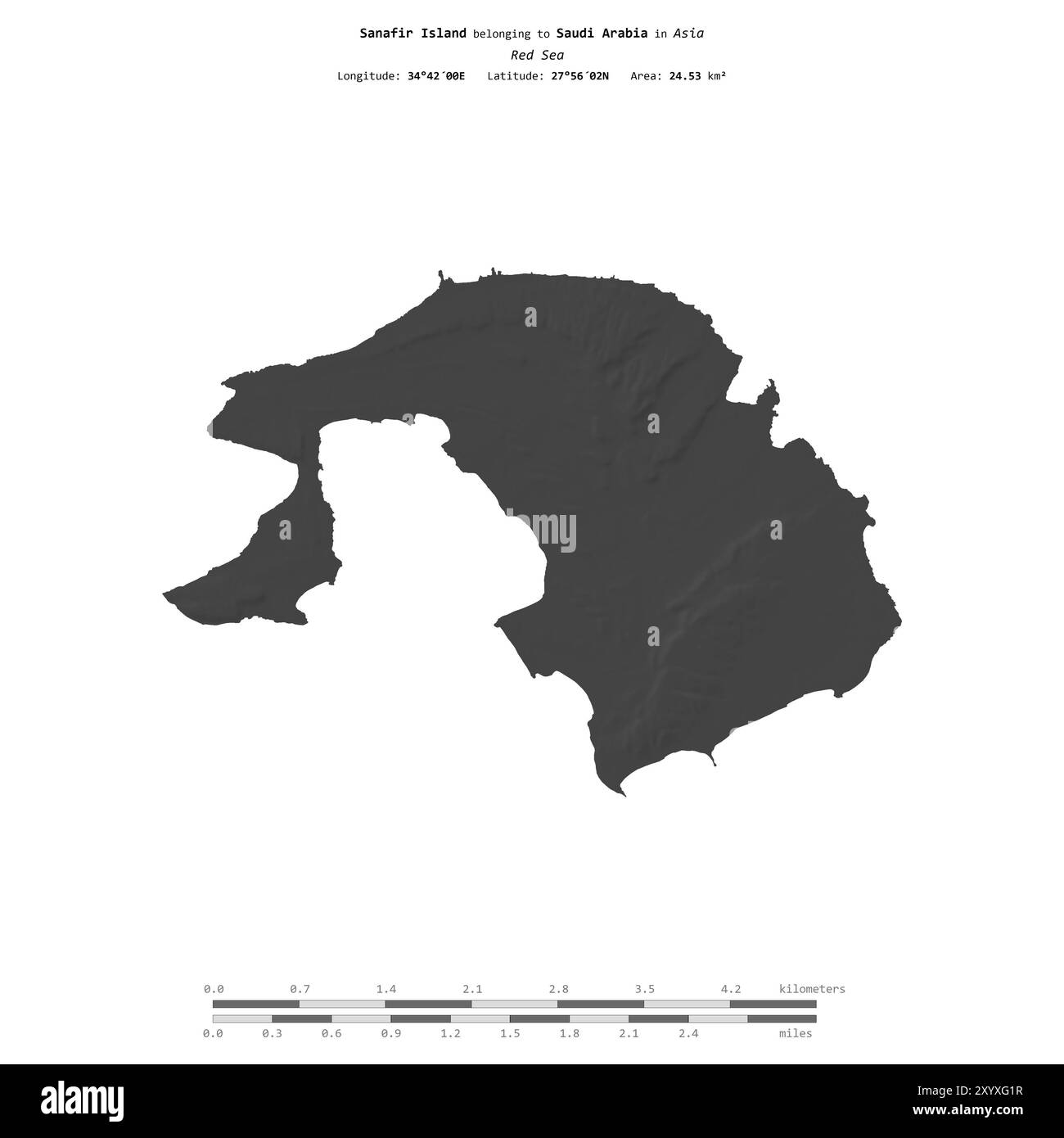Île Sanafir dans la mer Rouge, appartenant à l'Arabie Saoudite, isolée sur une carte d'altitude à deux niveaux, avec échelle de distance Banque D'Images