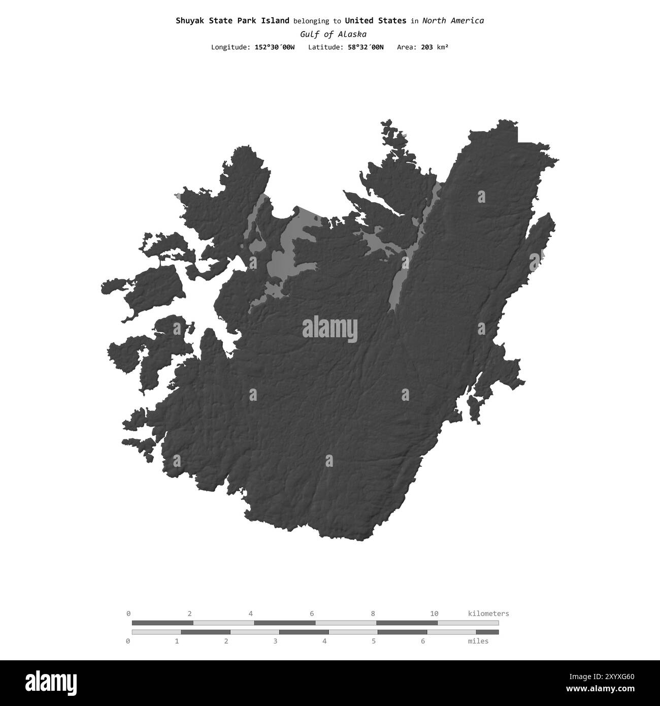 Shuyak State Park Island dans le golfe de l'Alaska, appartenant aux États-Unis, isolé sur une carte d'altitude à deux niveaux, avec échelle de distance Banque D'Images