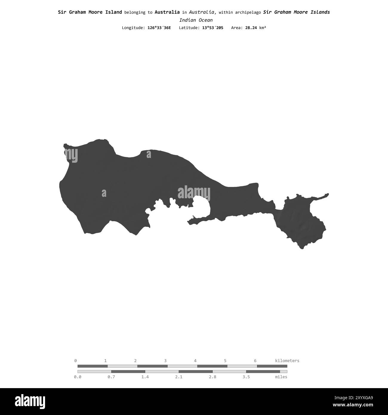 Sir Graham Moore Island dans l'océan Indien, appartenant à l'Australie, isolé sur une carte d'altitude à deux niveaux, avec échelle de distance Banque D'Images