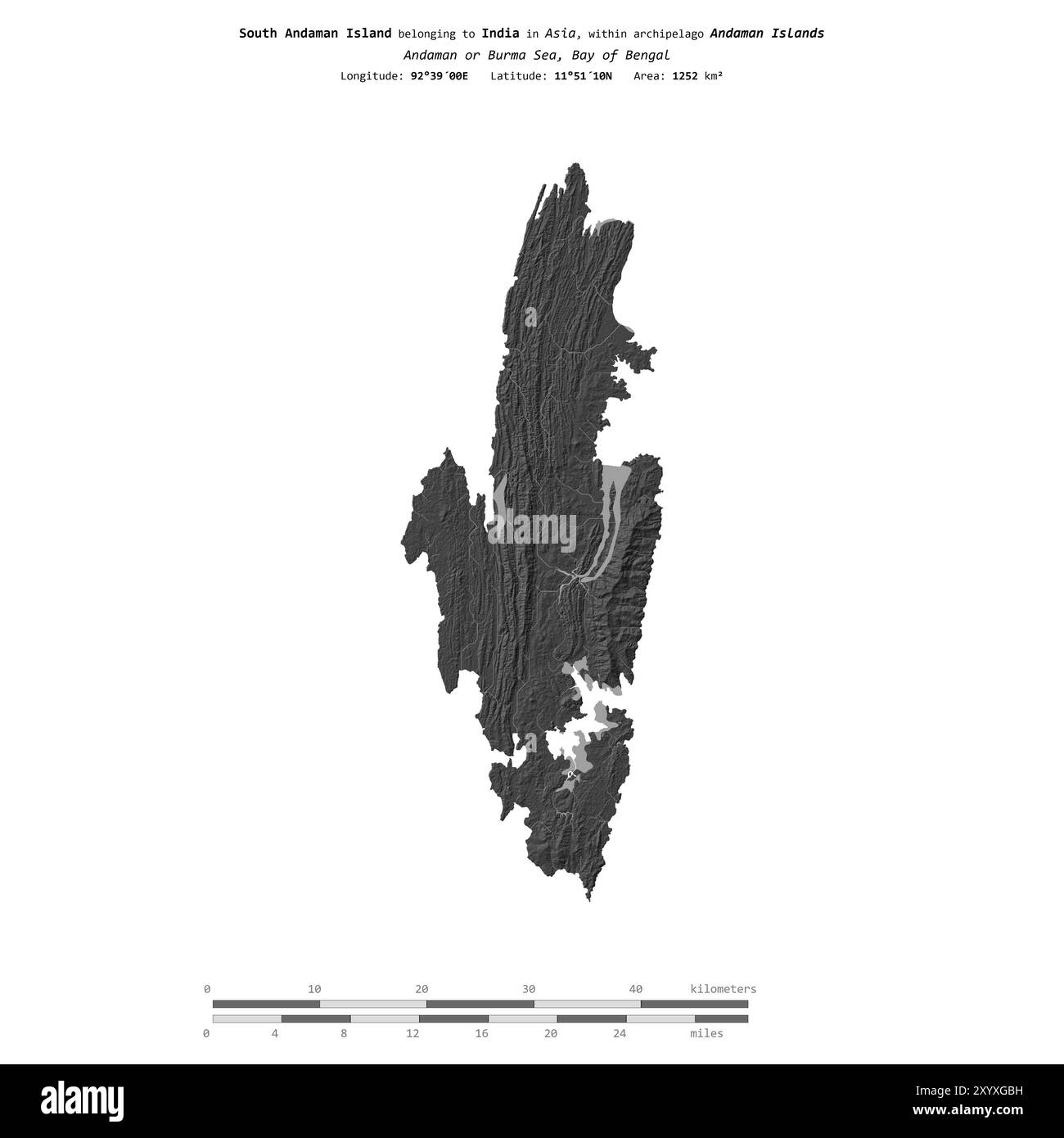Île d'Andaman Sud dans la baie du Bengale, appartenant à l'Inde, isolée sur une carte d'altitude à deux niveaux, avec échelle de distance Banque D'Images