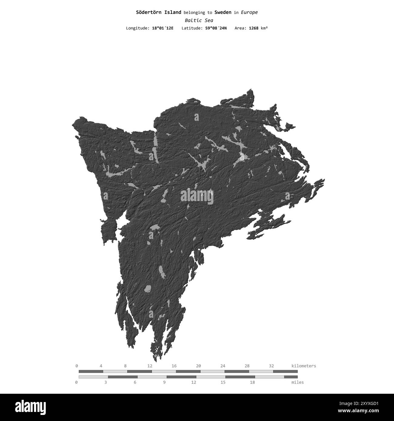 Île de Sodertorn dans la mer Baltique, appartenant à la Suède, isolée sur une carte d'altitude à deux niveaux, avec échelle de distance Banque D'Images