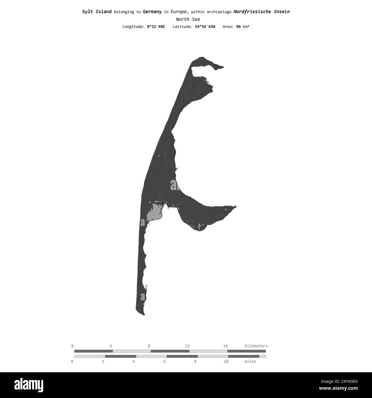Sylt Island en mer du Nord, appartenant à l'Allemagne, isolé sur une carte d'altitude à deux niveaux, avec échelle de distance Banque D'Images