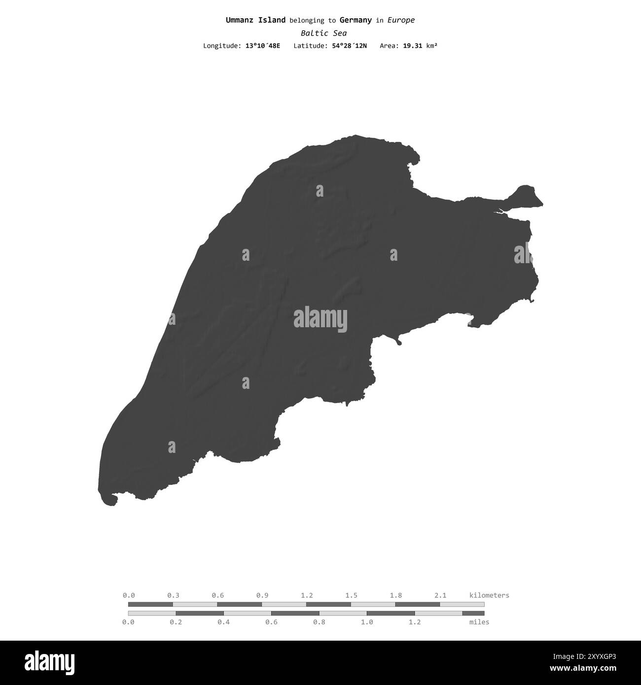 Île d'Ummanz dans la mer Baltique, appartenant à l'Allemagne, isolée sur une carte d'altitude à deux niveaux, avec échelle de distance Banque D'Images