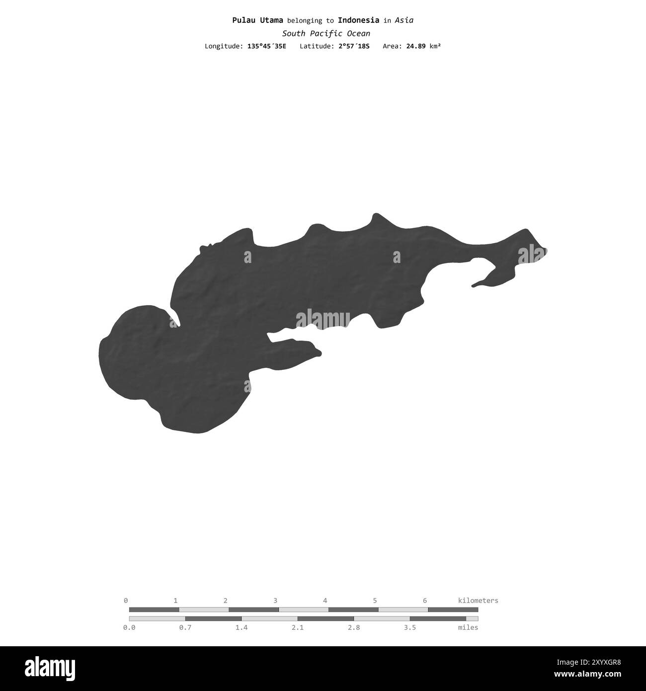 Pulau Utama dans l'océan Pacifique Sud, appartenant à l'Indonésie, isolé sur une carte d'altitude à deux niveaux, avec échelle de distance Banque D'Images