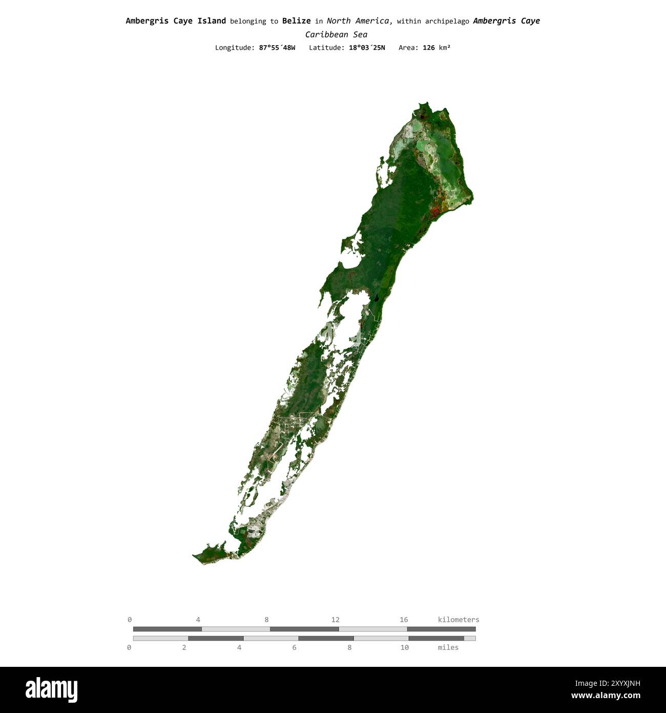 Ambergris Caye Island dans la mer des Caraïbes, appartenant au Belize, isolé sur une image satellite prise le 6 janvier 2024, avec échelle de distance Banque D'Images