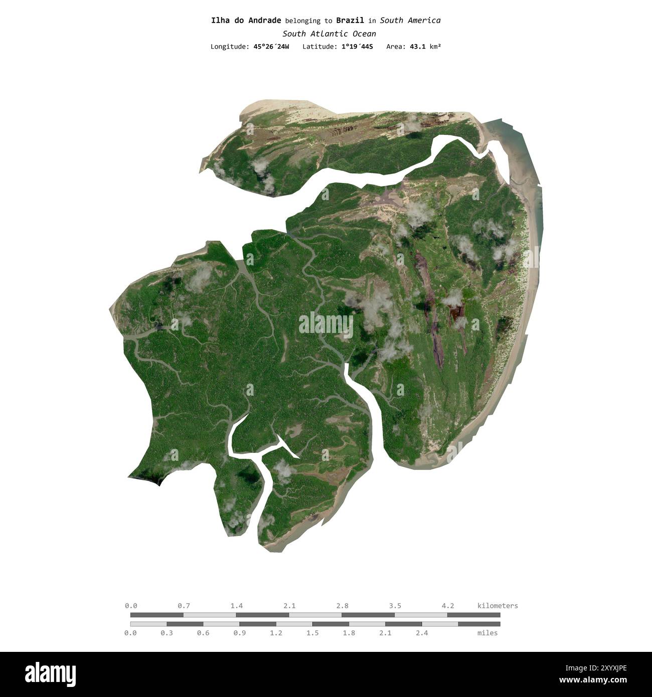 Ilha do Andrade dans l'océan Atlantique Sud, appartenant au Brésil, isolé sur une image satellite prise le 20 août 2020, avec une échelle de distance Banque D'Images