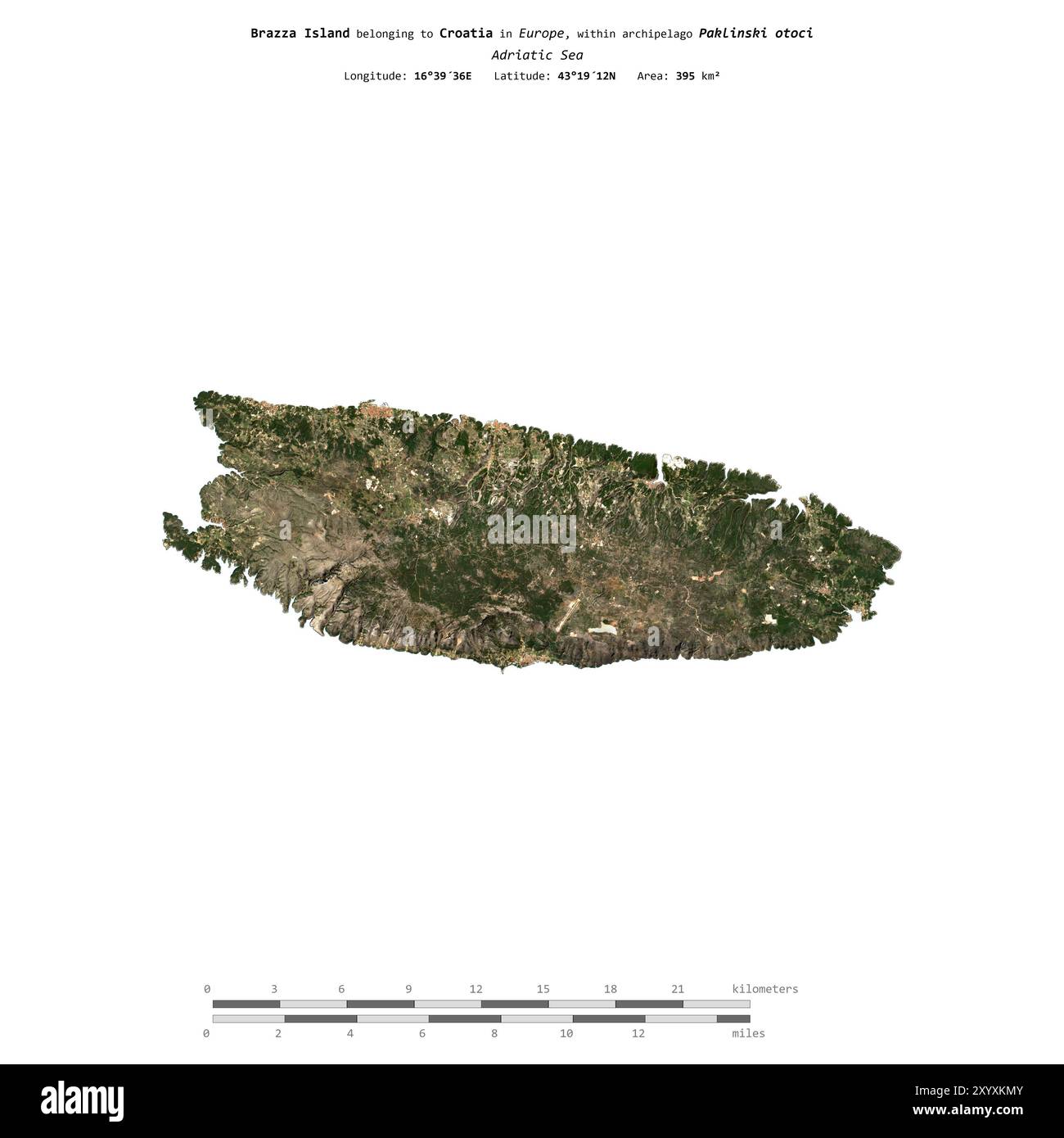 Île de Brazza dans la mer Adriatique, appartenant à la Croatie, isolée sur une image satellite prise le 23 mars 2023, avec échelle de distance Banque D'Images