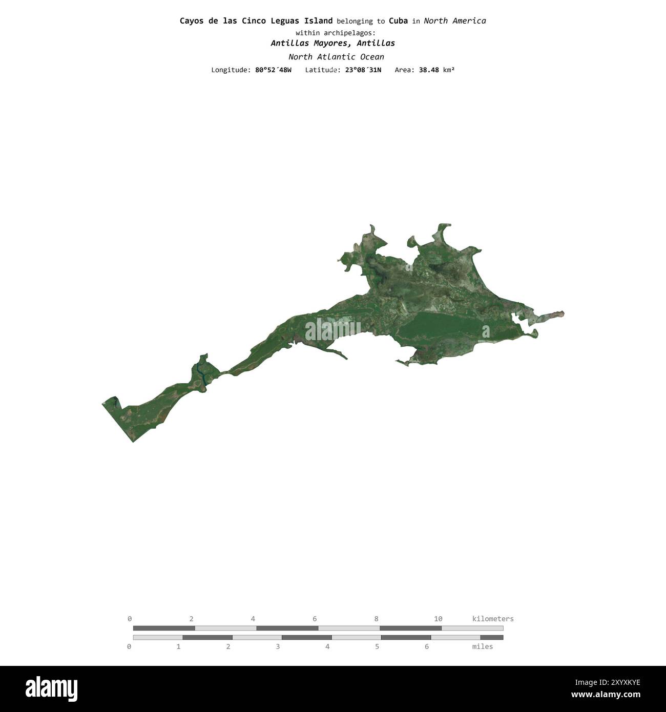 Cayos de las Cinco L'île de Leguas dans l'océan Atlantique Nord, appartenant à Cuba, isolée sur une image satellite prise le 26 novembre 2023, avec distan Banque D'Images