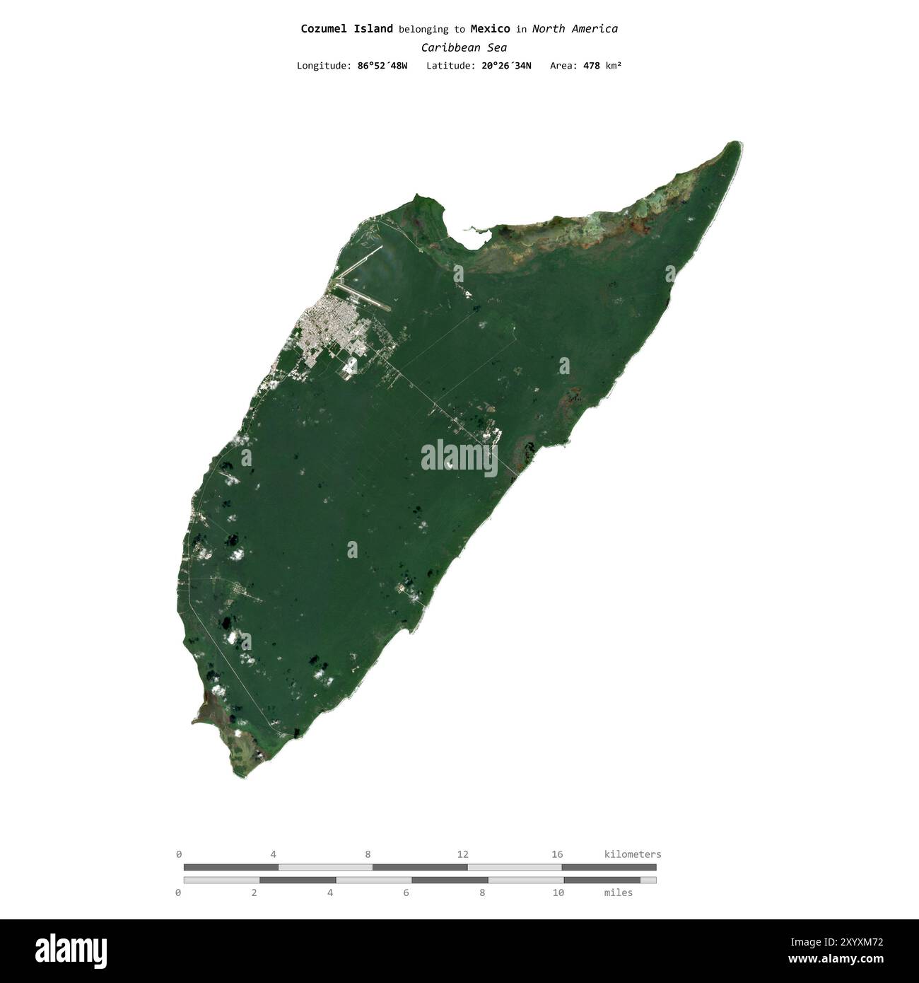 Île de Cozumel dans la mer des Caraïbes, appartenant au Mexique, isolée sur une image satellite prise le 23 décembre 2019, avec échelle de distance Banque D'Images