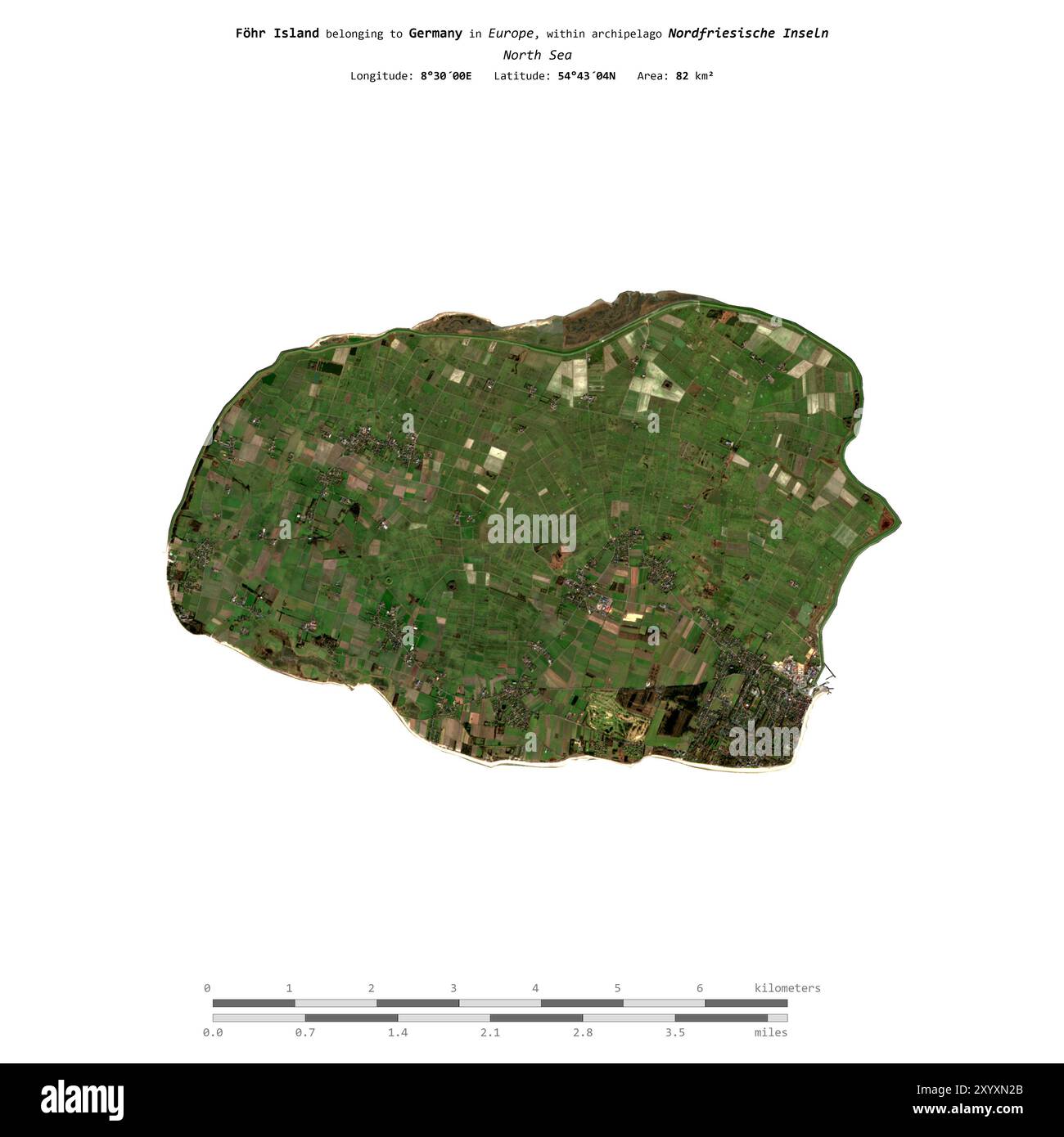 Île Fohr en mer du Nord, appartenant à l'Allemagne, isolée sur une image satellite prise le 26 février 2023, avec échelle de distance Banque D'Images