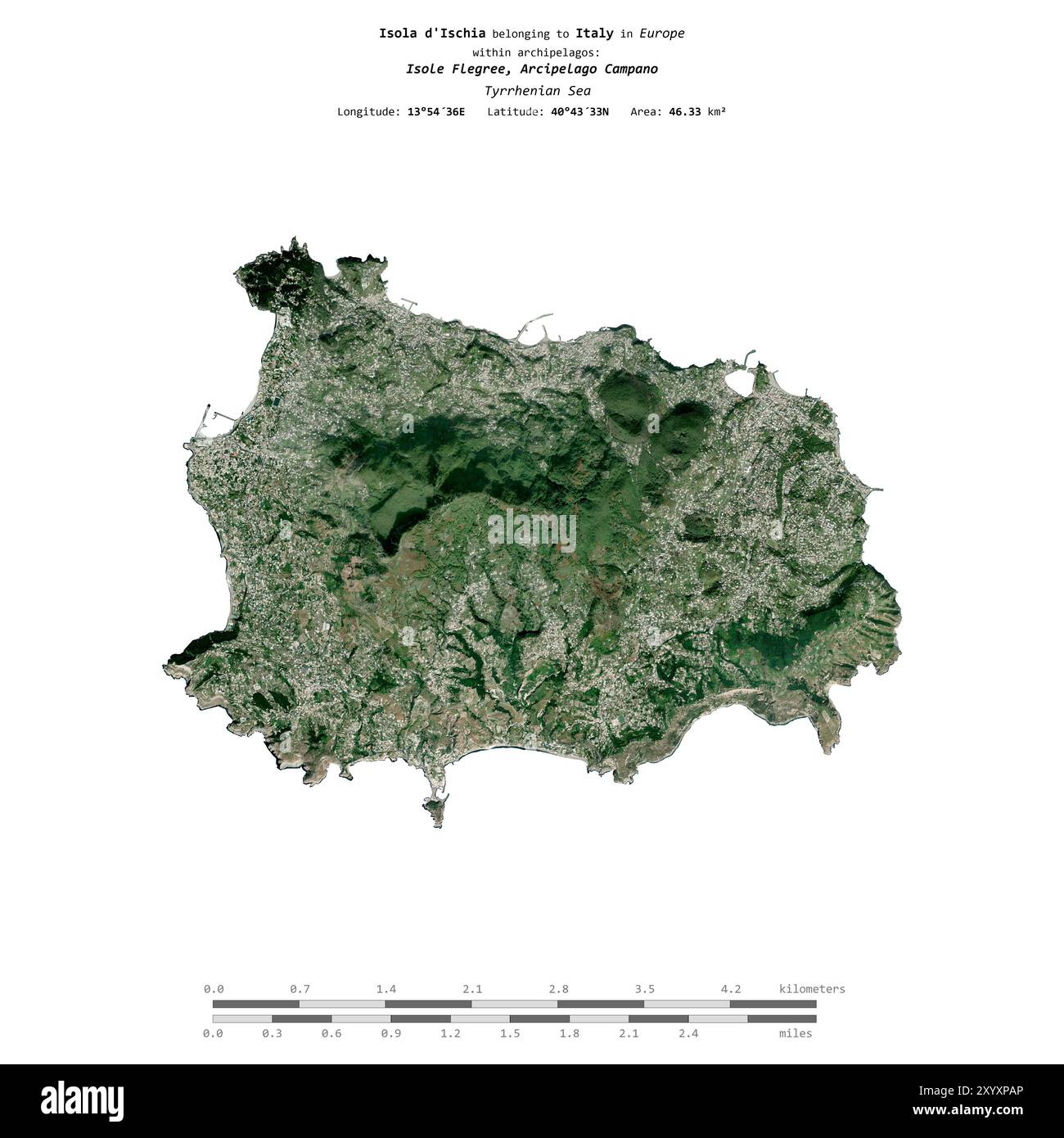 Isola d'Ischia dans la mer Tyrrhénienne, appartenant à l'Italie, isolée sur une image satellite prise le 26 novembre 2023, avec échelle de distance Banque D'Images