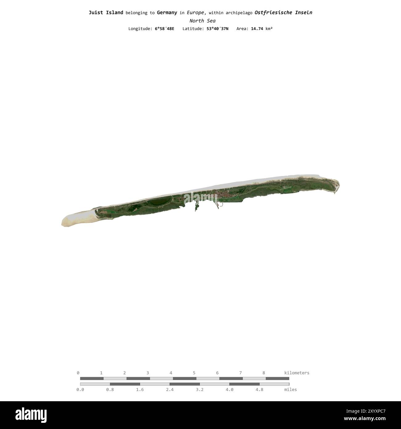 Île de Juist en mer du Nord, appartenant à l'Allemagne, isolée sur une image satellite prise le 7 septembre 2023, avec échelle de distance Banque D'Images