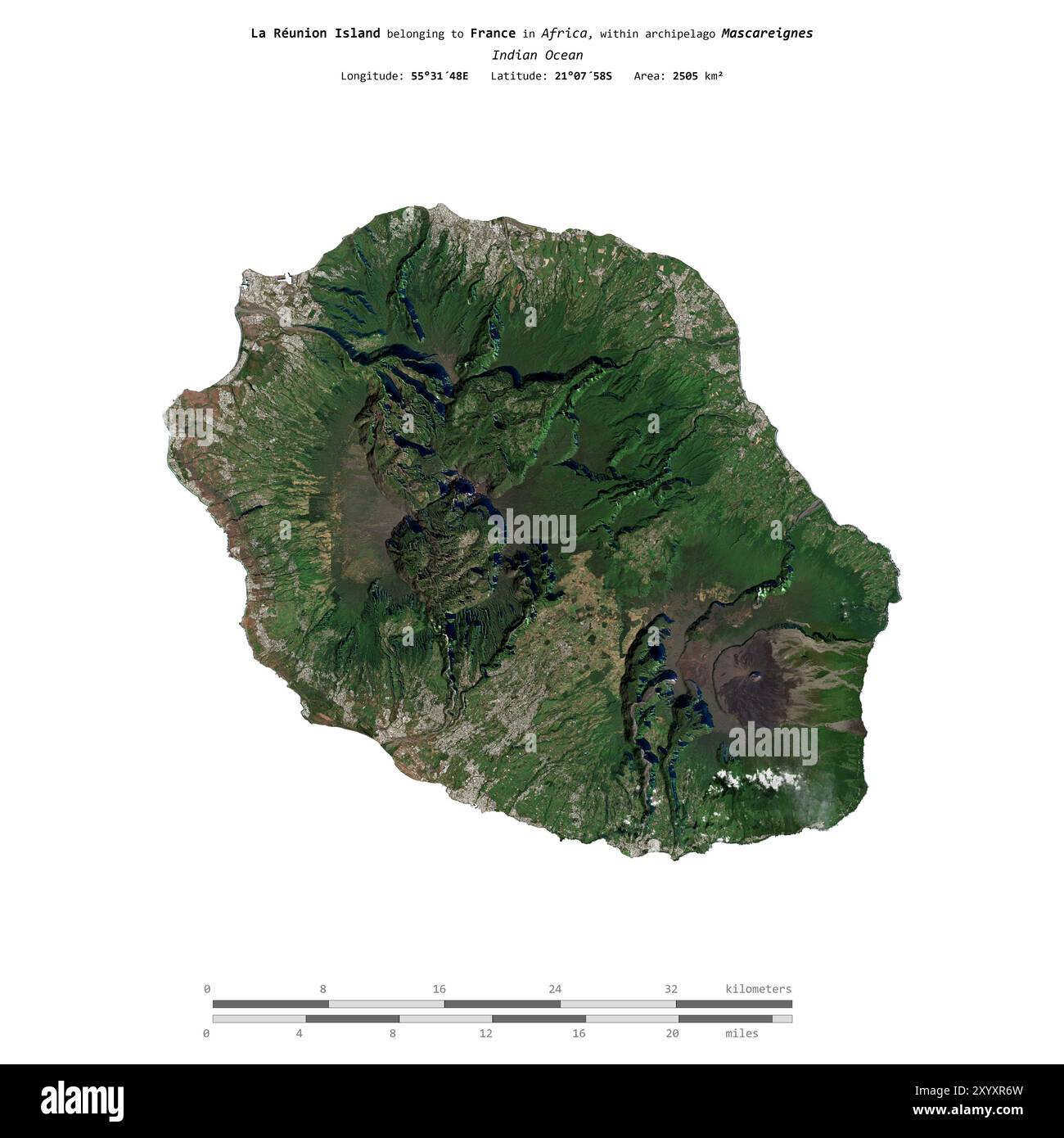 Île de la Réunion dans l'Océan Indien, appartenant à la France, isolée sur une image satellite prise le 19 juillet 2024, avec échelle de distance Banque D'Images