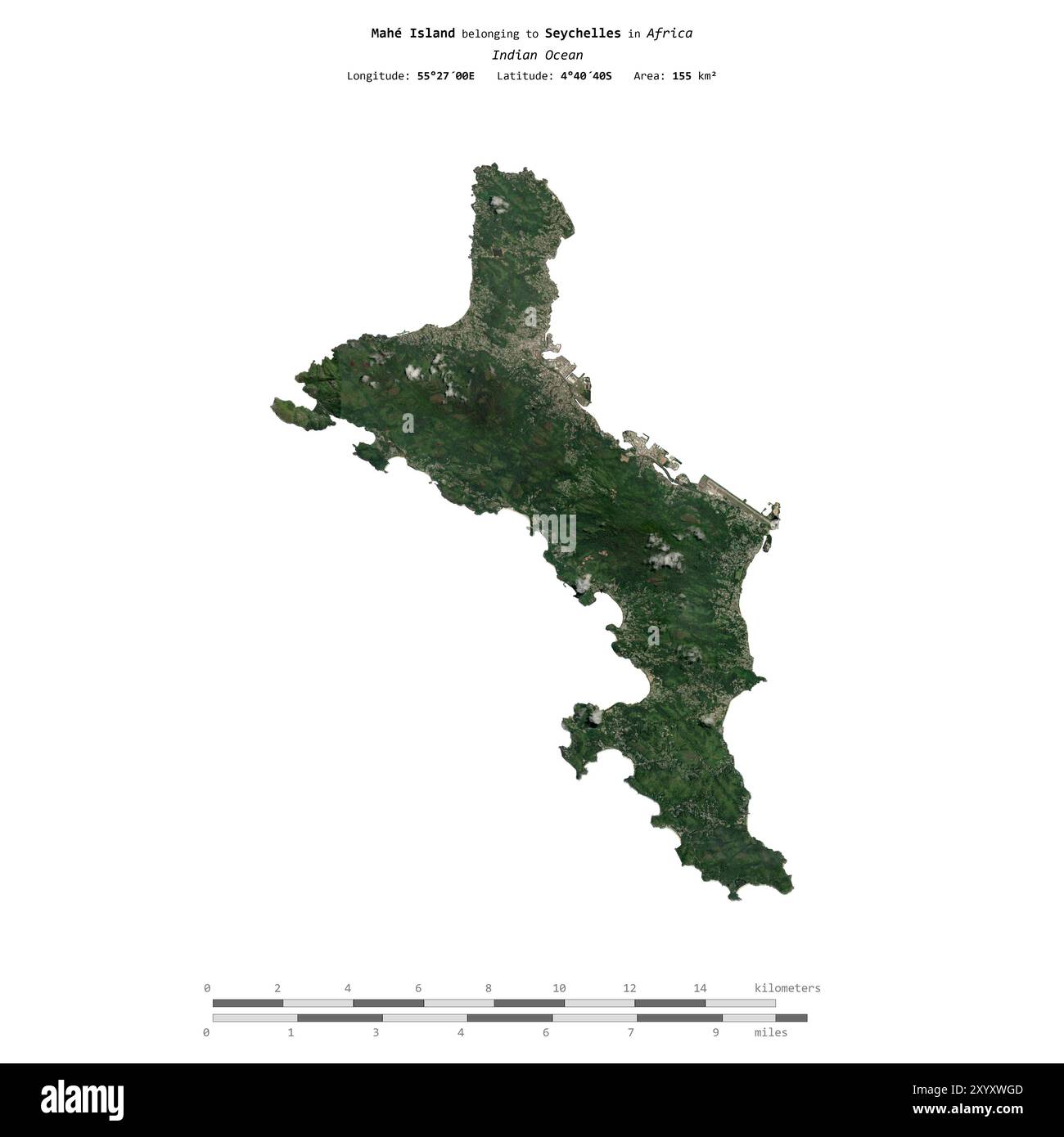 Ile de Mahé dans l'Océan Indien, appartenant aux Seychelles, isolée sur une image satellite prise le 23 juin 2023, avec échelle de distance Banque D'Images
