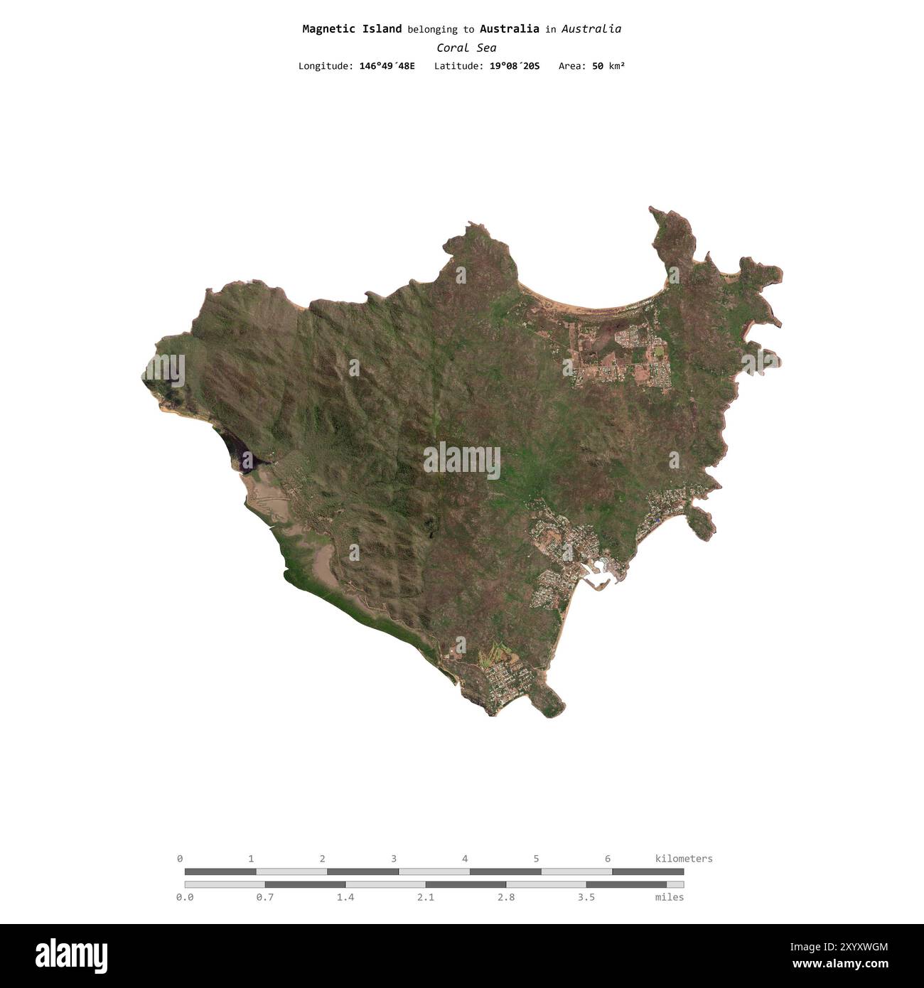 Île magnétique dans la mer de Corail, appartenant à l'Australie, isolée sur une image satellite prise le 5 septembre 2023, avec échelle de distance Banque D'Images
