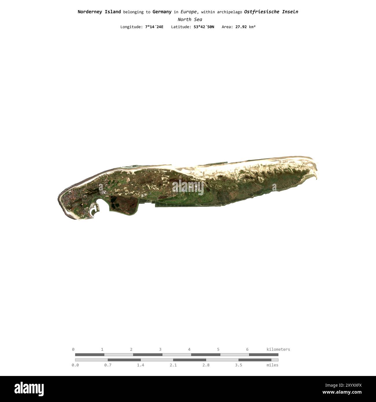 Norderney Island en mer du Nord, appartenant à l'Allemagne, isolé sur une image satellite prise le 2 avril 2023, avec échelle de distance Banque D'Images