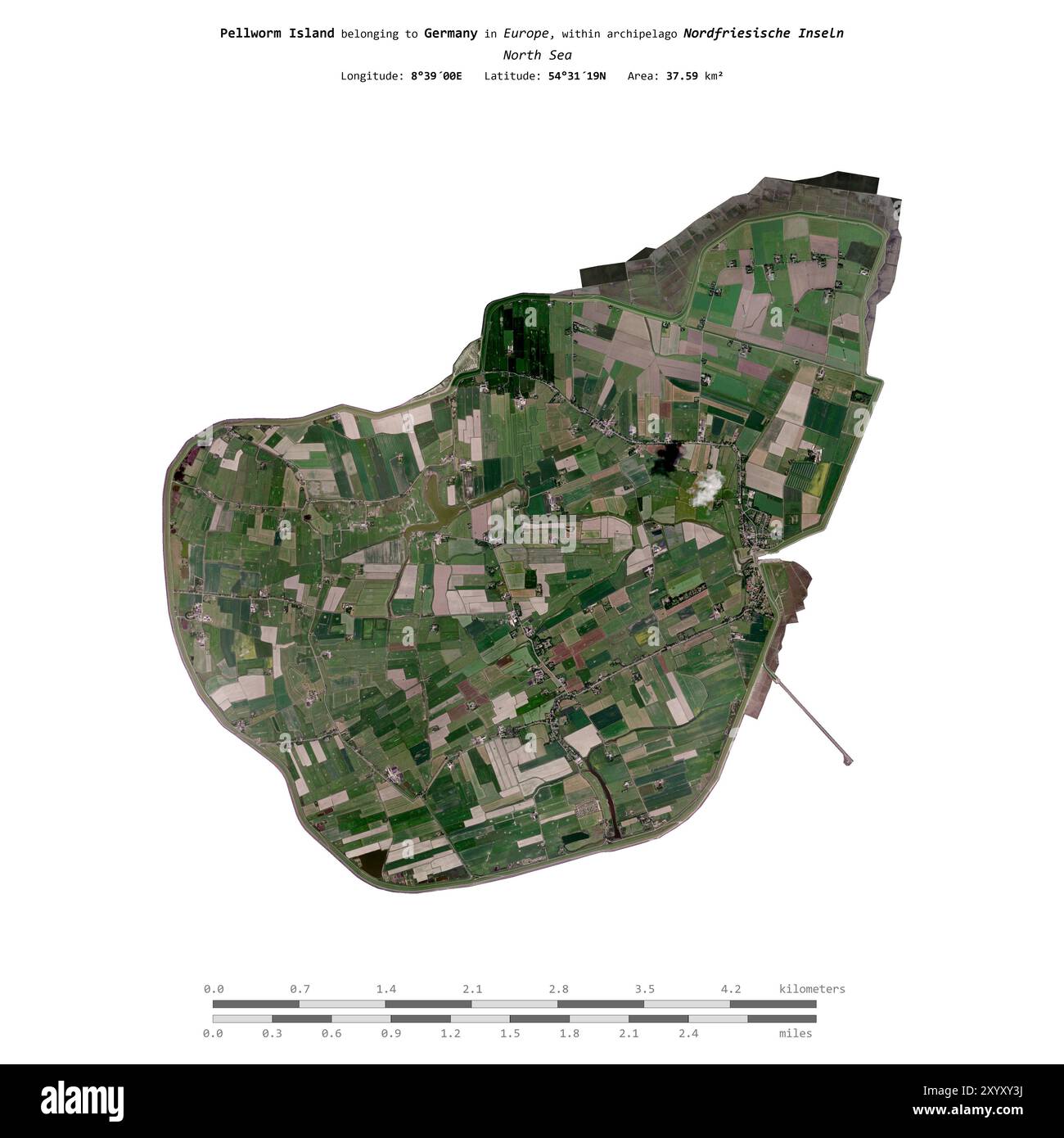 Île de Pellworm en mer du Nord, appartenant à l'Allemagne, isolée sur une image satellite prise le 9 septembre 2023, avec échelle de distance Banque D'Images